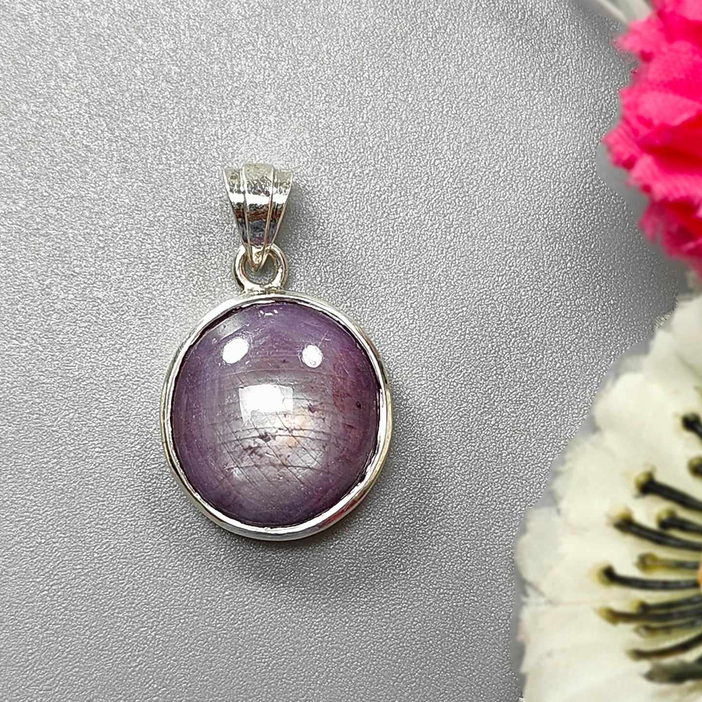 Star Ruby Silver Pendant: 5.47gms Natural Untreated Star Ruby Oval Shape Cabochon 925 Sterling Silver Bezel Set Pendant 1.20"