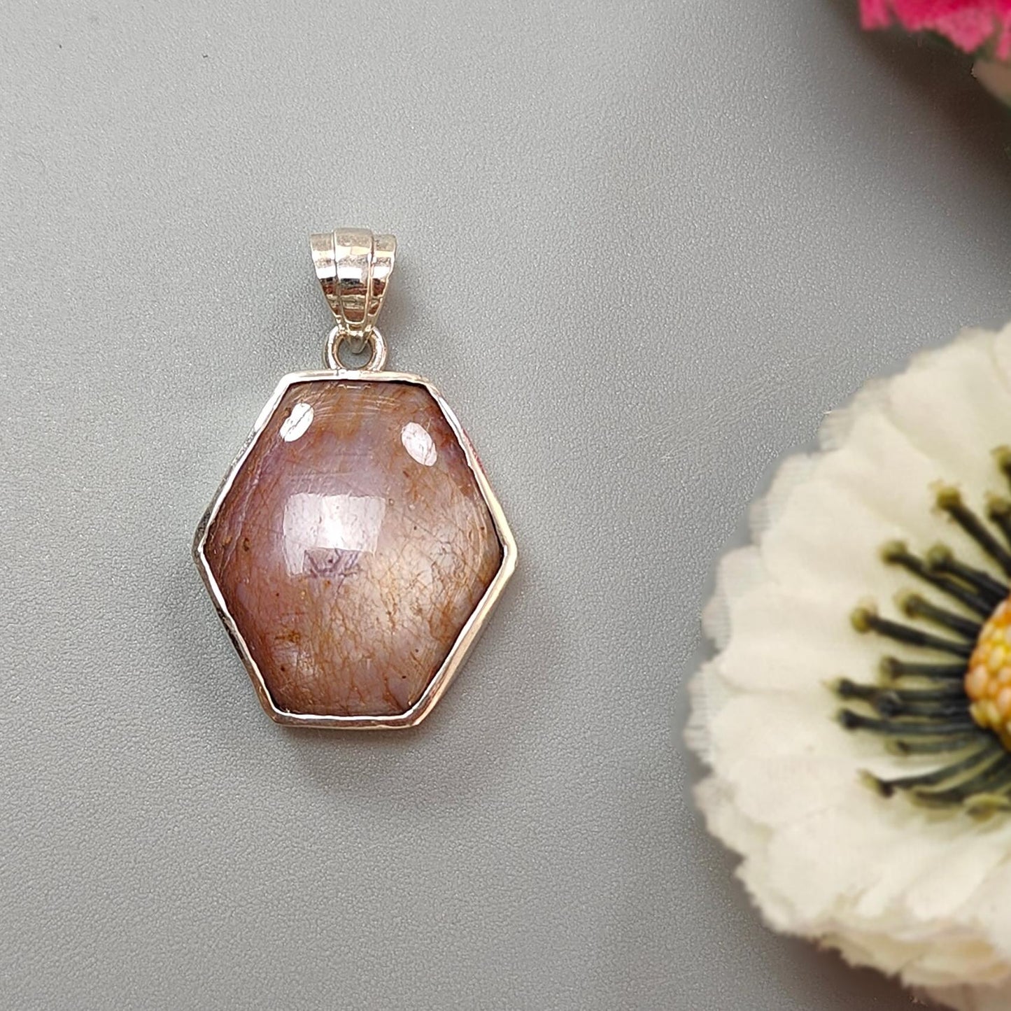 Star Ruby Silver Pendant: 5.48gms Natural Untreated Star Ruby Hexagon Shape Cabochon 925 Sterling Silver Bezel Set Pendant 1.30"