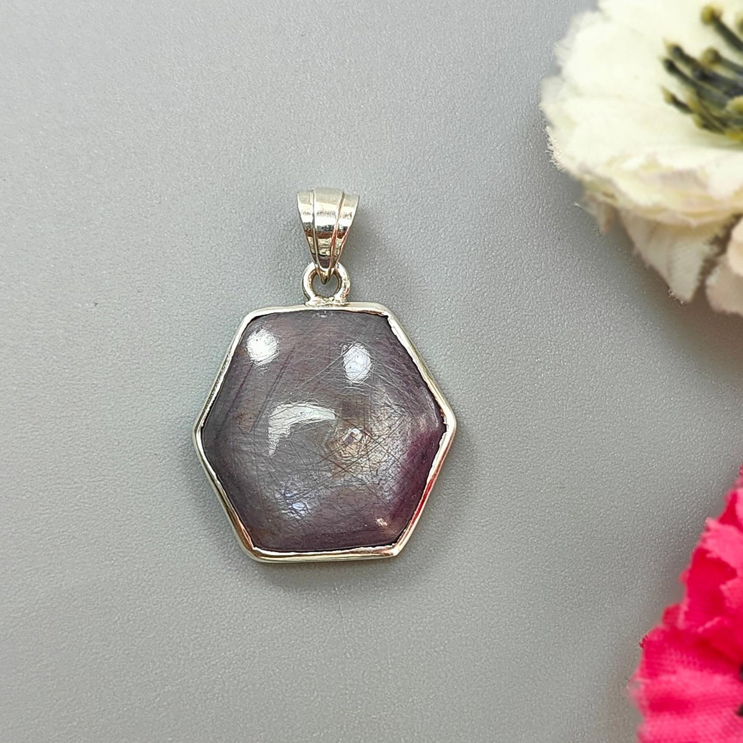Star Ruby Silver Pendant: 5.47gms Natural Untreated Star Ruby Hexagon Shape Cabochon 925 Sterling Silver Bezel Set Pendant 1.30"