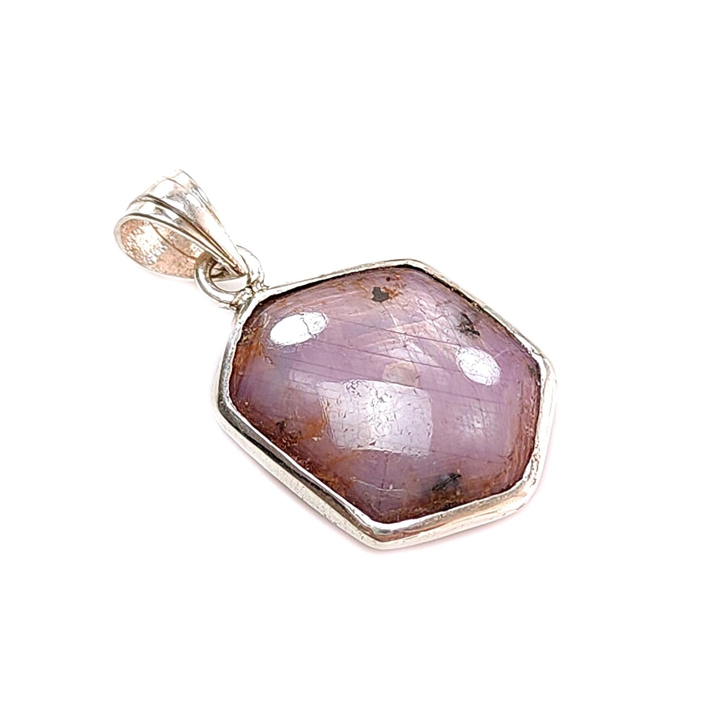 Star Ruby Silver Pendant: 4.05gms Natural Untreated Both Side Star Ruby Hexagon Plain Briolette 925 Sterling Silver Bezel Set Pendant 1.30"