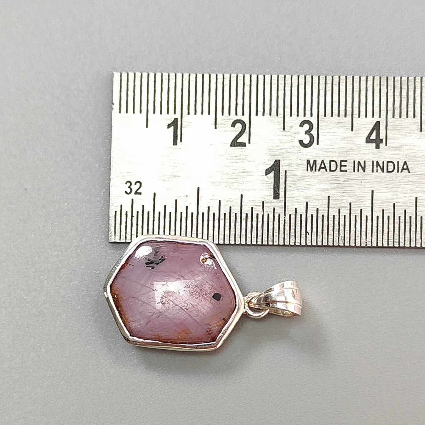 Star Ruby Silver Pendant: 4.05gms Natural Untreated Both Side Star Ruby Hexagon Plain Briolette 925 Sterling Silver Bezel Set Pendant 1.30"