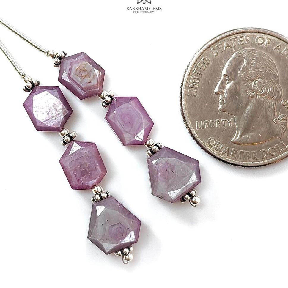 Raspberry Pink Sapphire Both Side Faceted Loose Beads: 20.20cts Natural Sapphire Hexagon Fancy Cut 925 Sterling Silver 8*6mm - 9*7.5mm