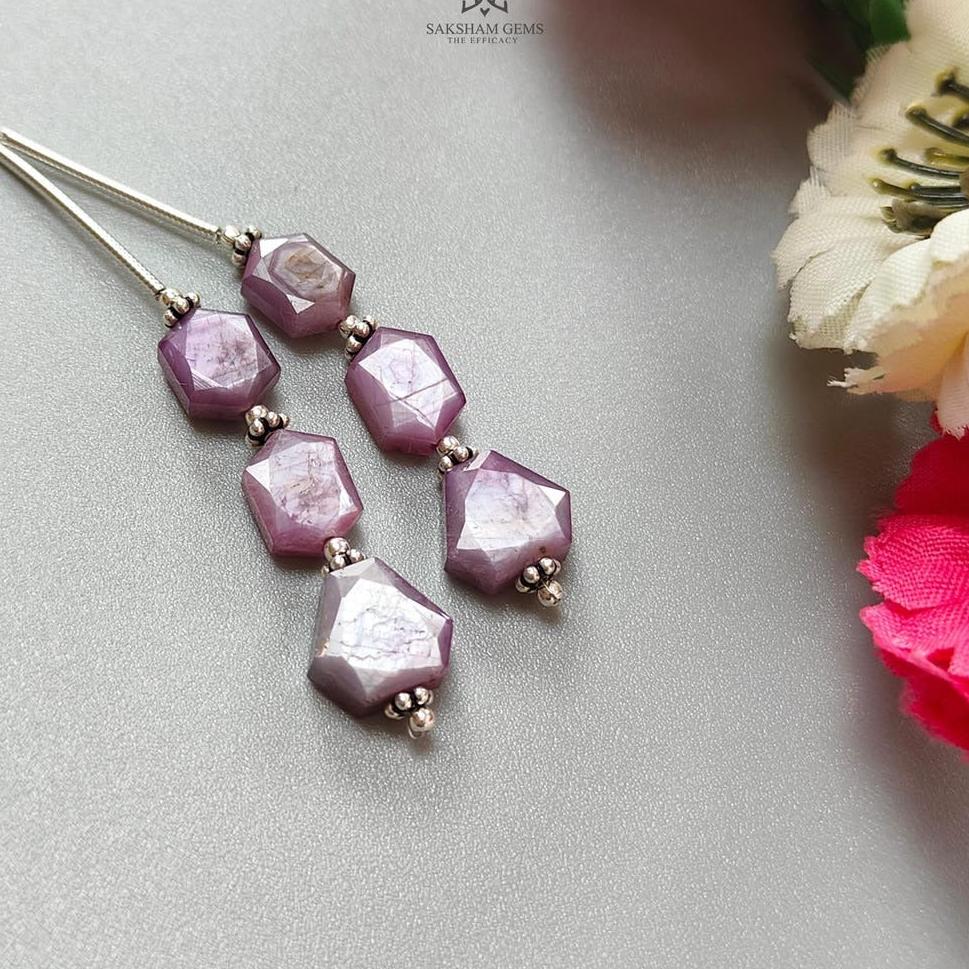 Raspberry Pink Sapphire Both Side Faceted Loose Beads: 20.20cts Natural Sapphire Hexagon Fancy Cut 925 Sterling Silver 8*6mm - 9*7.5mm