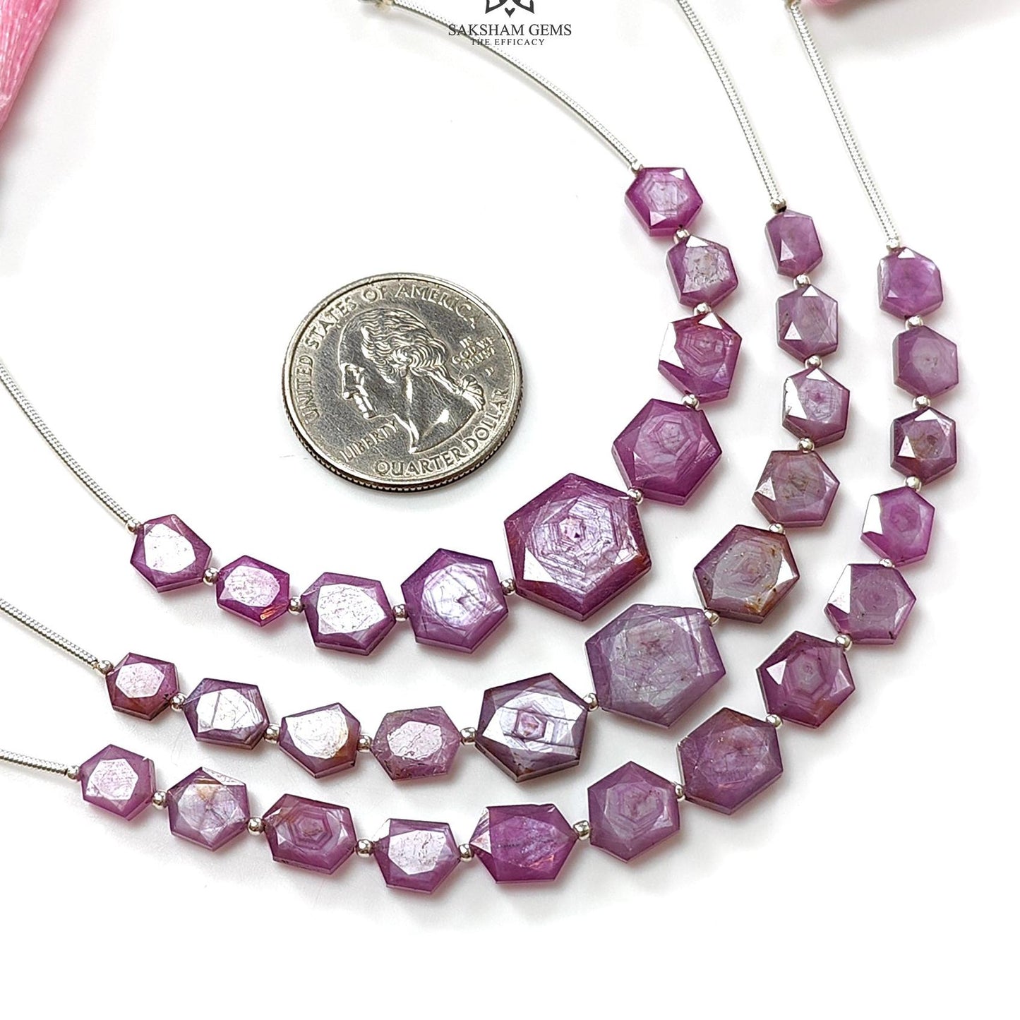 Raspberry Pink Sapphire Faceted Loose Beads: Natural Sapphire Hexagon Both Side Faceted Cut Shape 925 Sterling Silver Beads