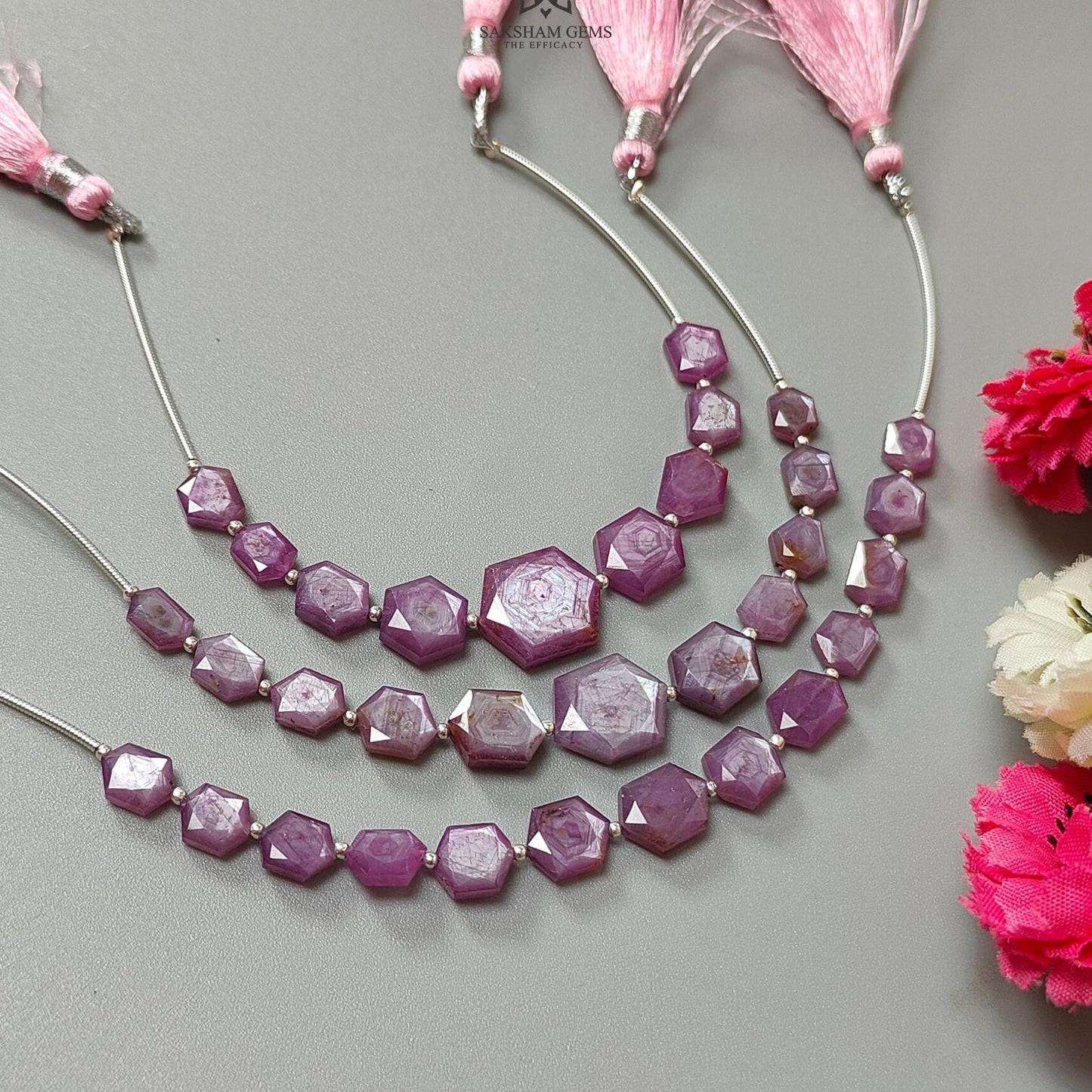 Raspberry Pink Sapphire Faceted Loose Beads: Natural Sapphire Hexagon Both Side Faceted Cut Shape 925 Sterling Silver Beads