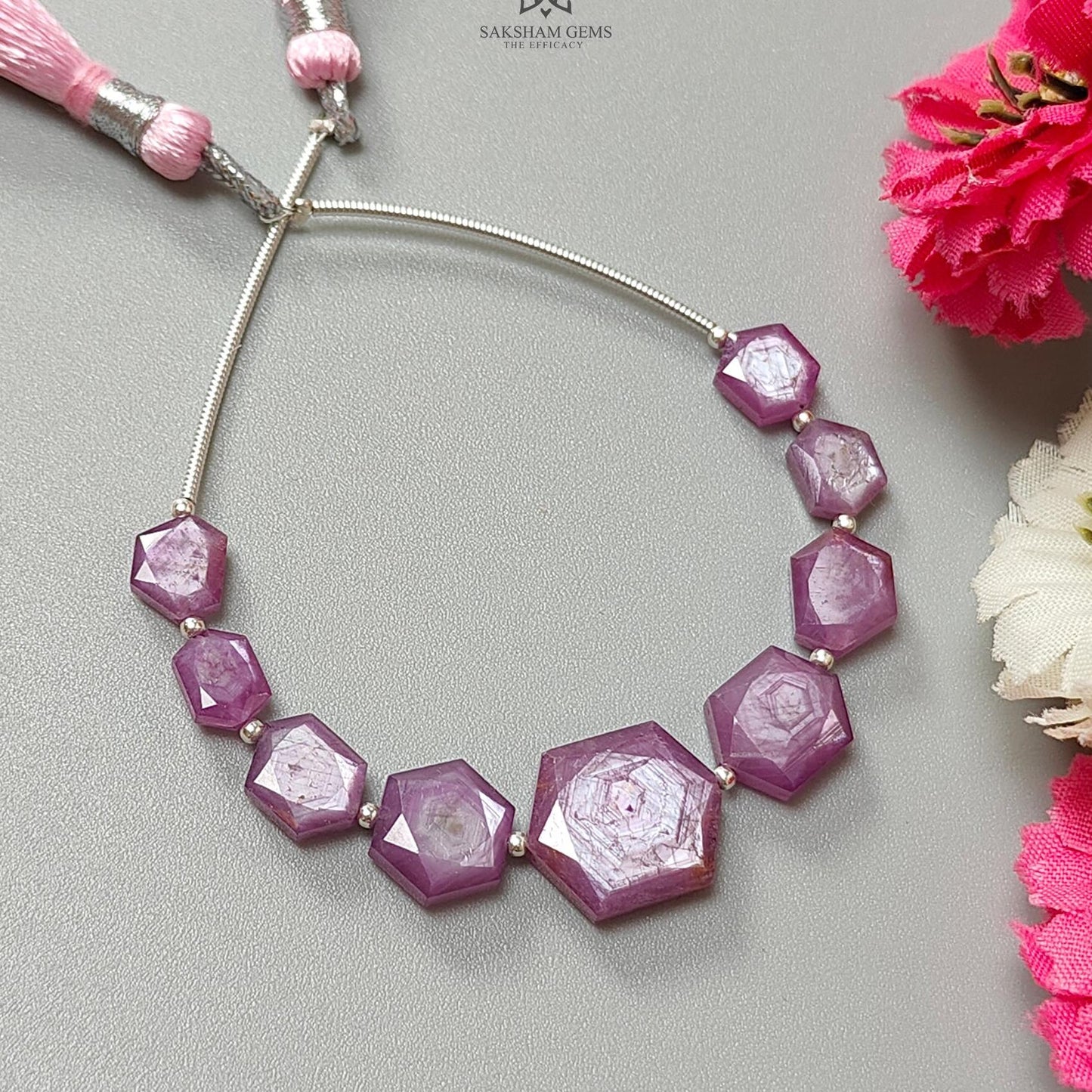 Raspberry Pink Sapphire Faceted Loose Beads: Natural Sapphire Hexagon Both Side Faceted Cut Shape 925 Sterling Silver Beads