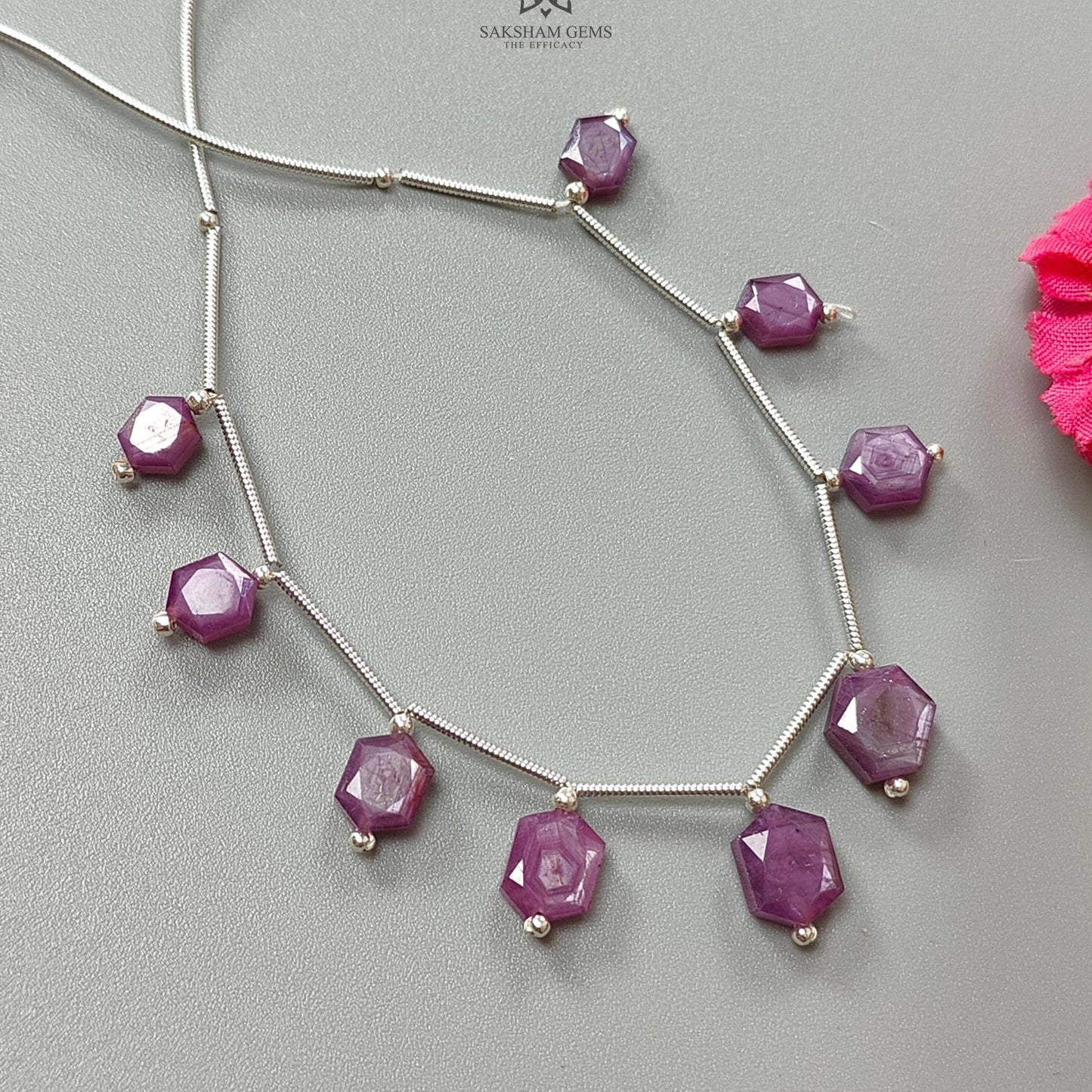 Raspberry Pink Sapphire Faceted Loose Beads: 27.70cts Natural Sapphire Faceted Hexagon Both Side 925 Sterling Silver Beads 6*5mm - 9*7mm