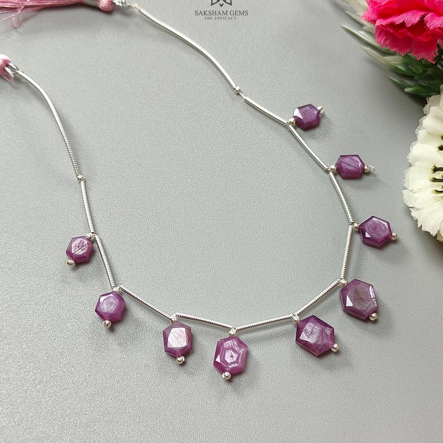 Raspberry Pink Sapphire Faceted Loose Beads: 27.70cts Natural Sapphire Faceted Hexagon Both Side 925 Sterling Silver Beads 6*5mm - 9*7mm