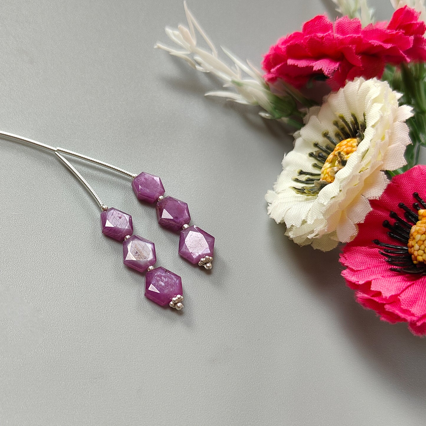 Raspberry Pink Sapphire Faceted Loose Beads: 18.50cts Natural Sapphire Faceted Hexagon Both Side 925 Sterling Silver 8*7mm - 10*8mm 1.30"
