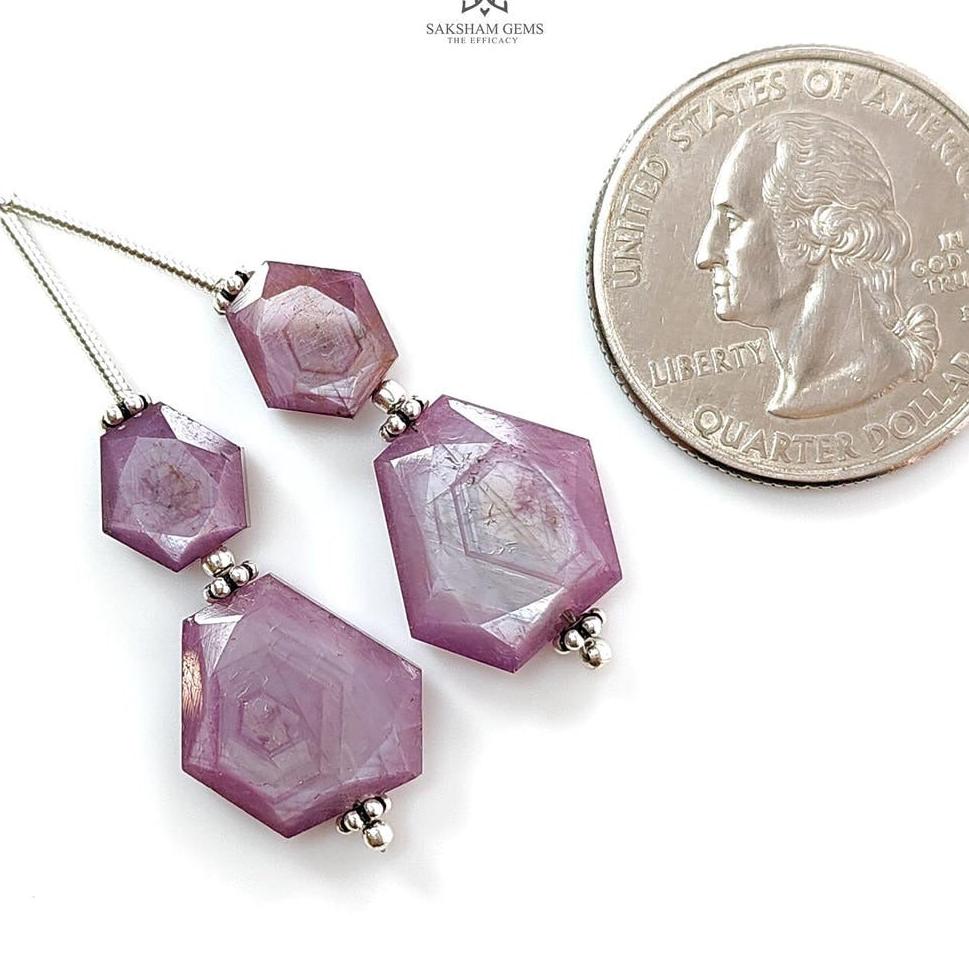 Raspberry Pink Sapphire Both Side Faceted Loose Beads: 26.50cts Natural Sapphire Hexagon Fancy Cut 925 Sterling Silver 8.5*7.5mm - 14*11.5mm