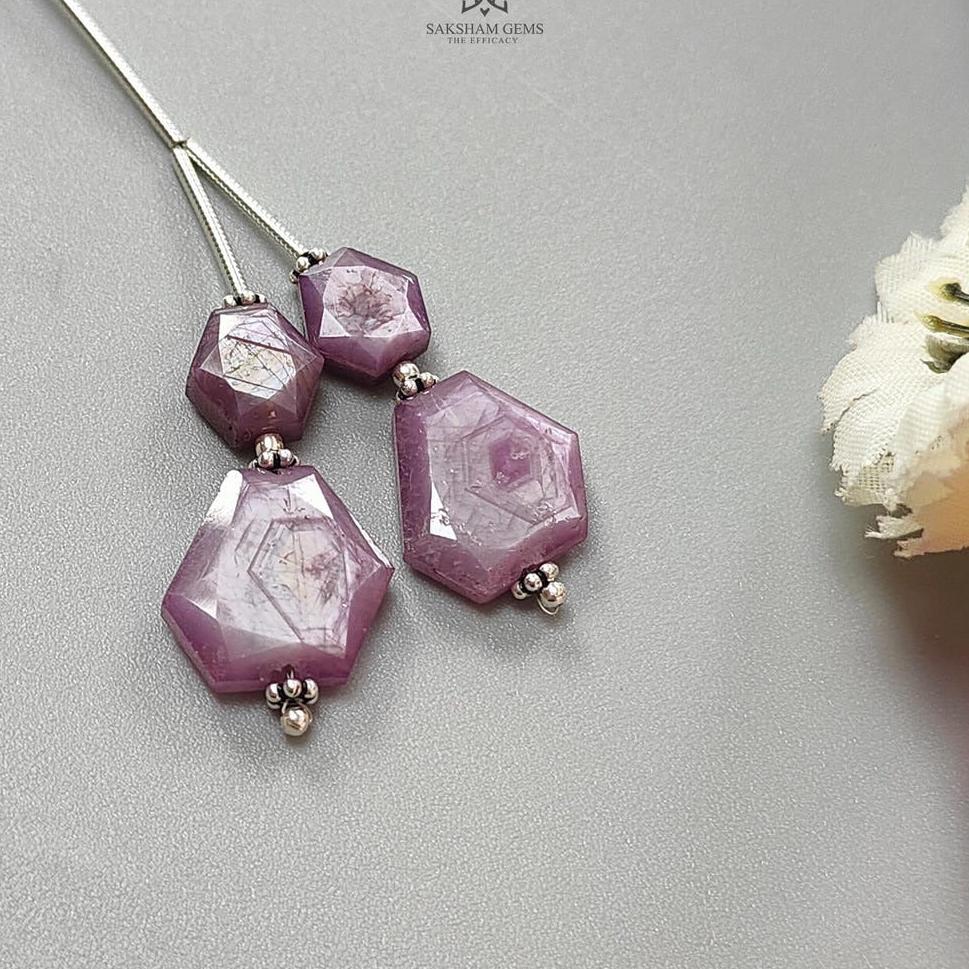 Raspberry Pink Sapphire Both Side Faceted Loose Beads: 26.50cts Natural Sapphire Hexagon Fancy Cut 925 Sterling Silver 8.5*7.5mm - 14*11.5mm