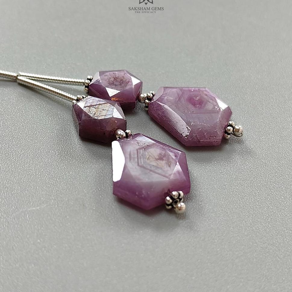 Raspberry Pink Sapphire Both Side Faceted Loose Beads: 26.50cts Natural Sapphire Hexagon Fancy Cut 925 Sterling Silver 8.5*7.5mm - 14*11.5mm