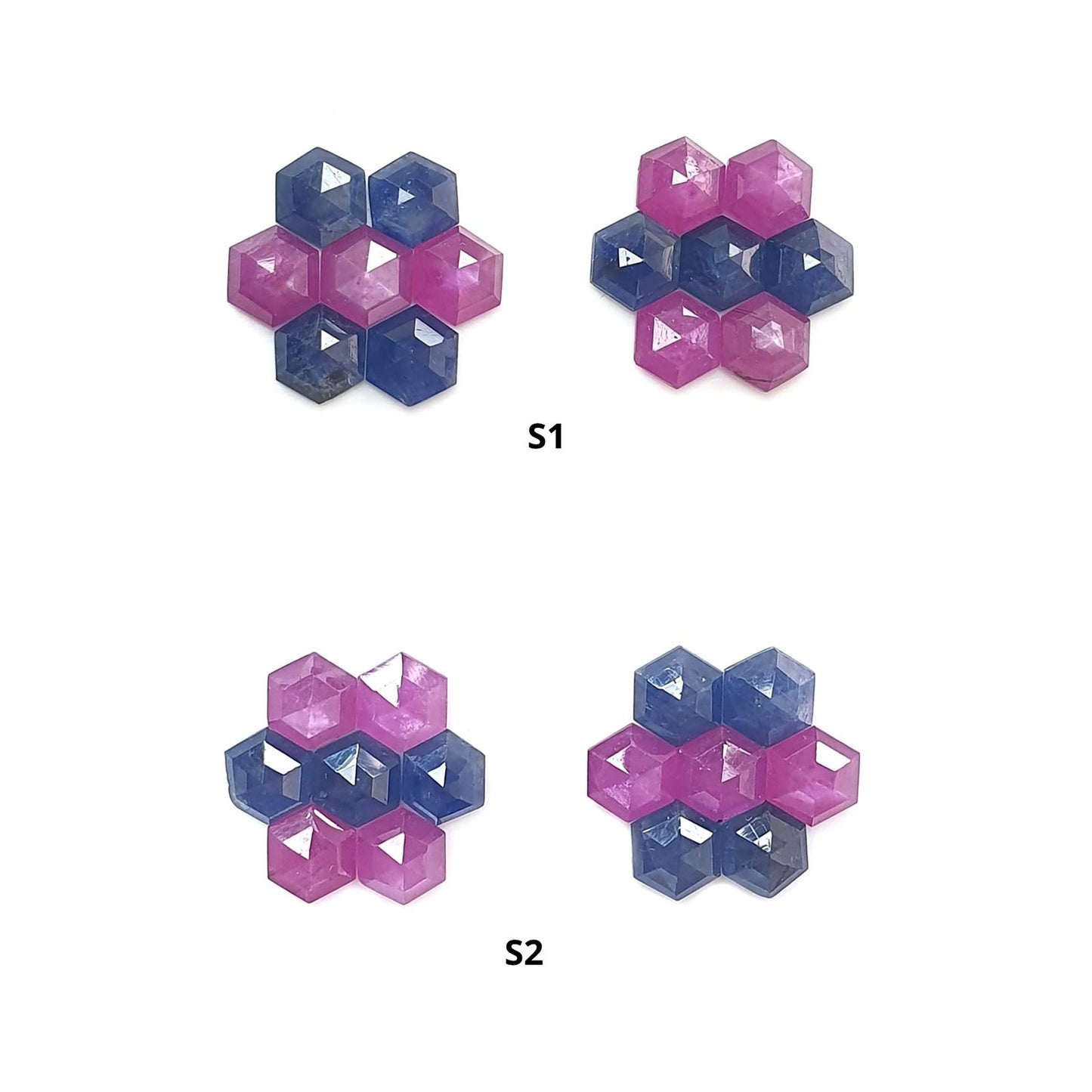 Sapphire Gemstone Step Cut: Natural Untreated Blue & Raspberry Pink Sapphire Hexagon Shape Faceted 14pcs Sets for Jewelry