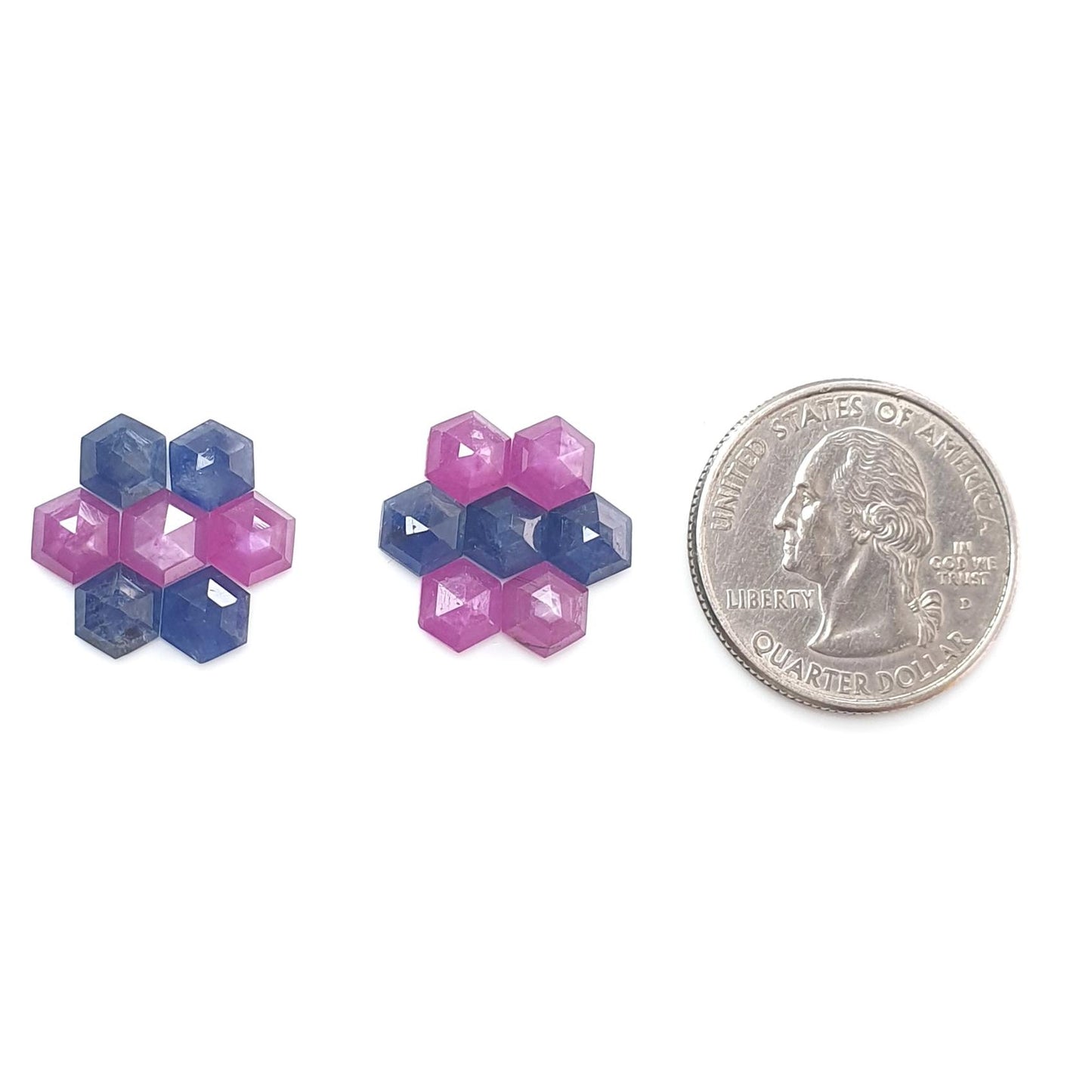 Sapphire Gemstone Step Cut: Natural Untreated Blue & Raspberry Pink Sapphire Hexagon Shape Faceted 14pcs Sets for Jewelry