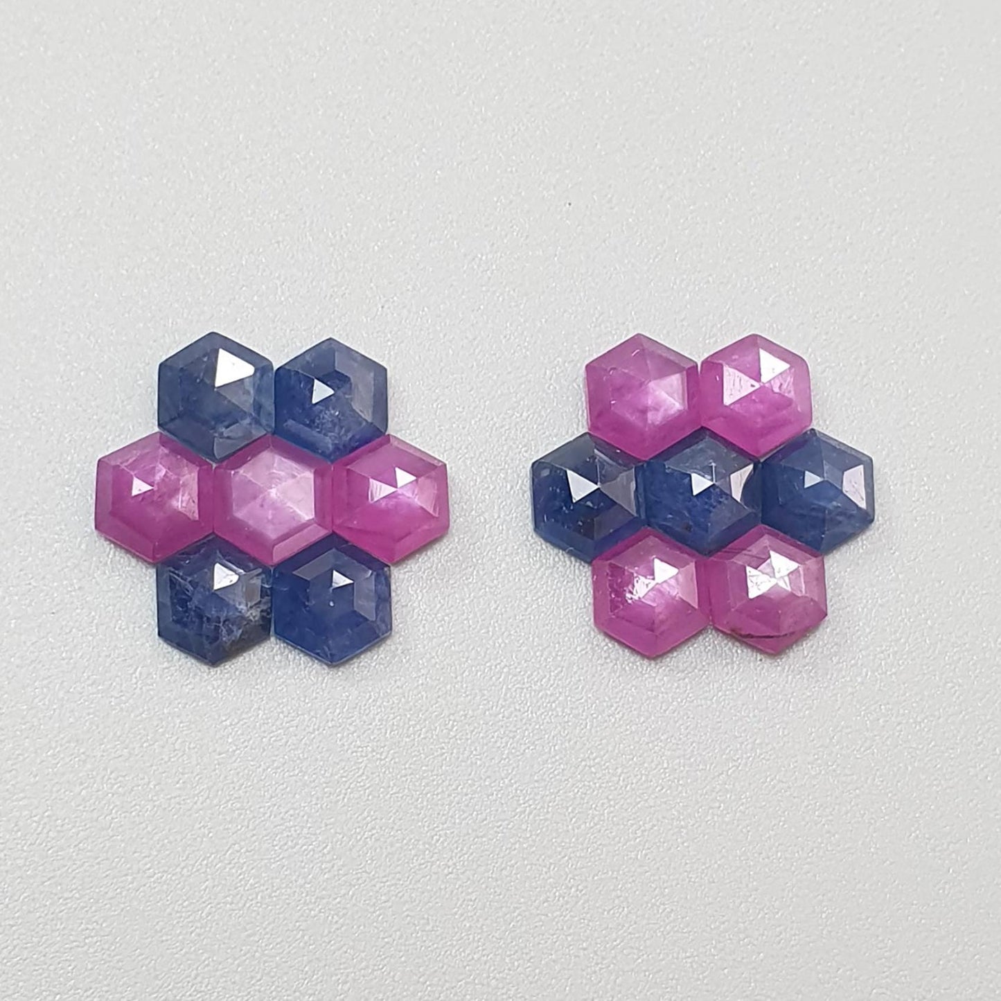 Sapphire Gemstone Step Cut: Natural Untreated Blue & Raspberry Pink Sapphire Hexagon Shape Faceted 14pcs Sets for Jewelry