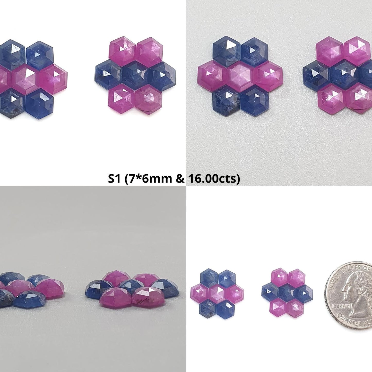 Sapphire Gemstone Step Cut: Natural Untreated Blue & Raspberry Pink Sapphire Hexagon Shape Faceted 14pcs Sets for Jewelry