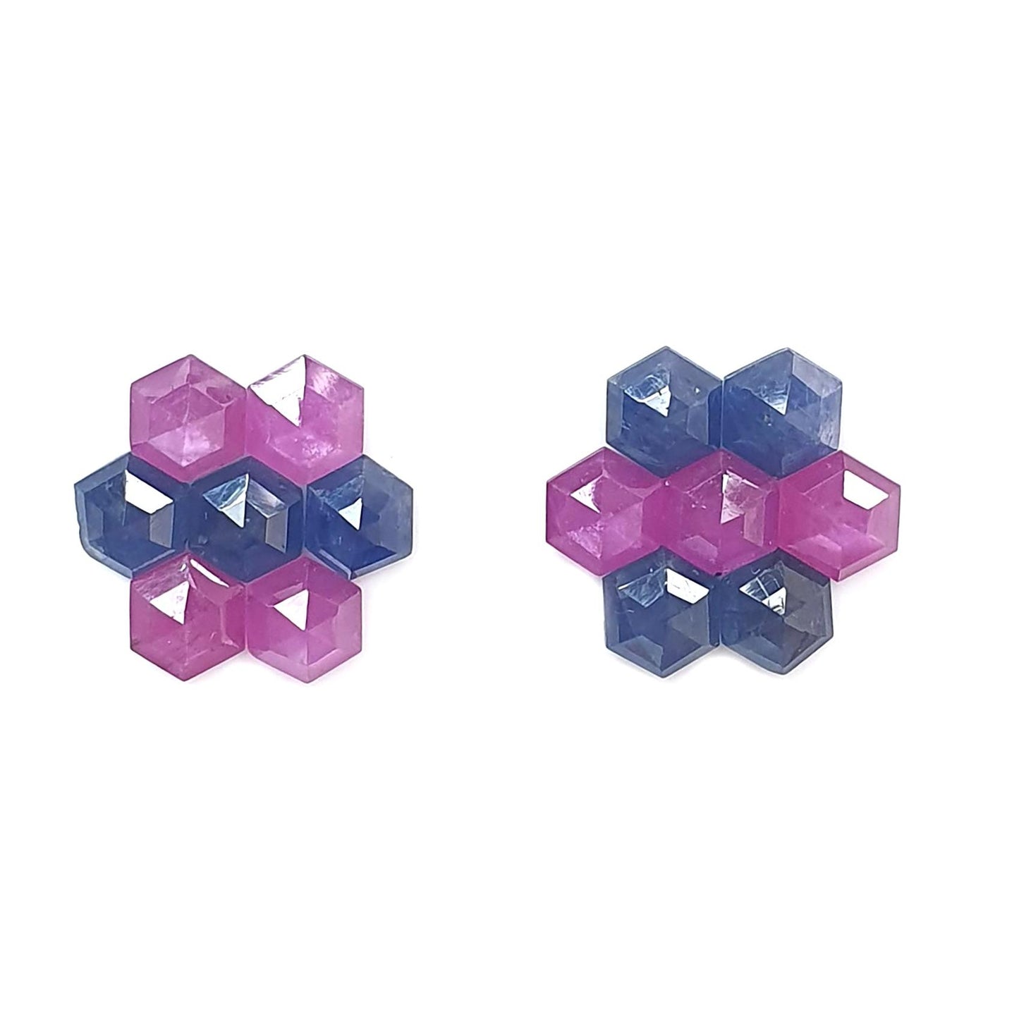 Sapphire Gemstone Step Cut: Natural Untreated Blue & Raspberry Pink Sapphire Hexagon Shape Faceted 14pcs Sets for Jewelry