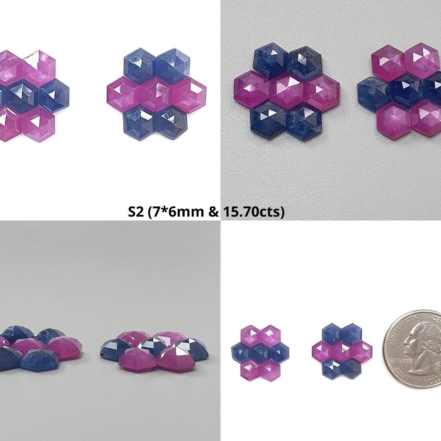 Sapphire Gemstone Step Cut: Natural Untreated Blue & Raspberry Pink Sapphire Hexagon Shape Faceted 14pcs Sets for Jewelry