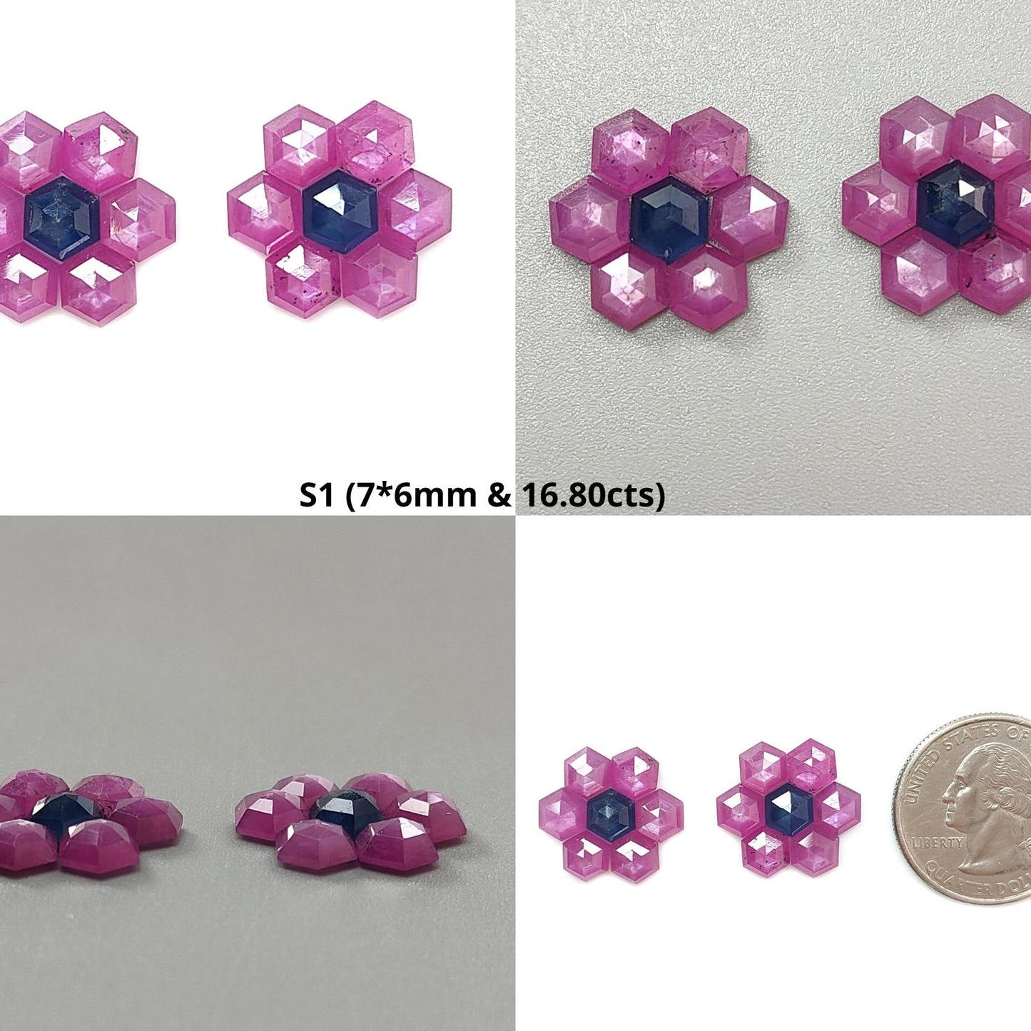 Sapphire Gemstone Step Cut: Natural Untreated Blue & Raspberry Pink Sapphire Hexagon Shape Faceted 14pcs Sets for Jewelry