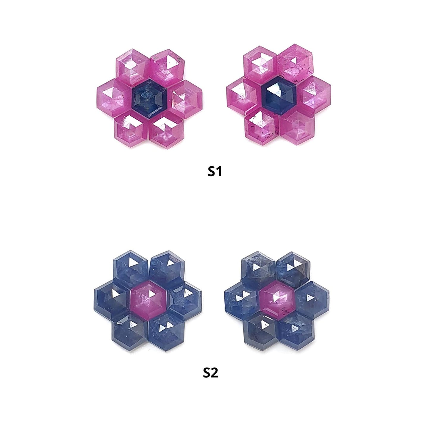 Sapphire Gemstone Step Cut: Natural Untreated Blue & Raspberry Pink Sapphire Hexagon Shape Faceted 14pcs Sets for Jewelry
