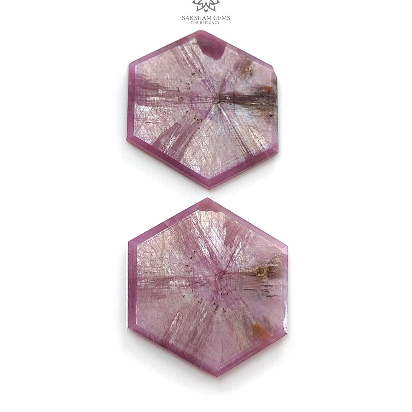 Rosemary Pink Sapphire Gemstone Flat Slices Trapiche : 56.60cts Natural Untreated Unheated Sheen Sapphire Hexagon Shape 30*27mm Pair