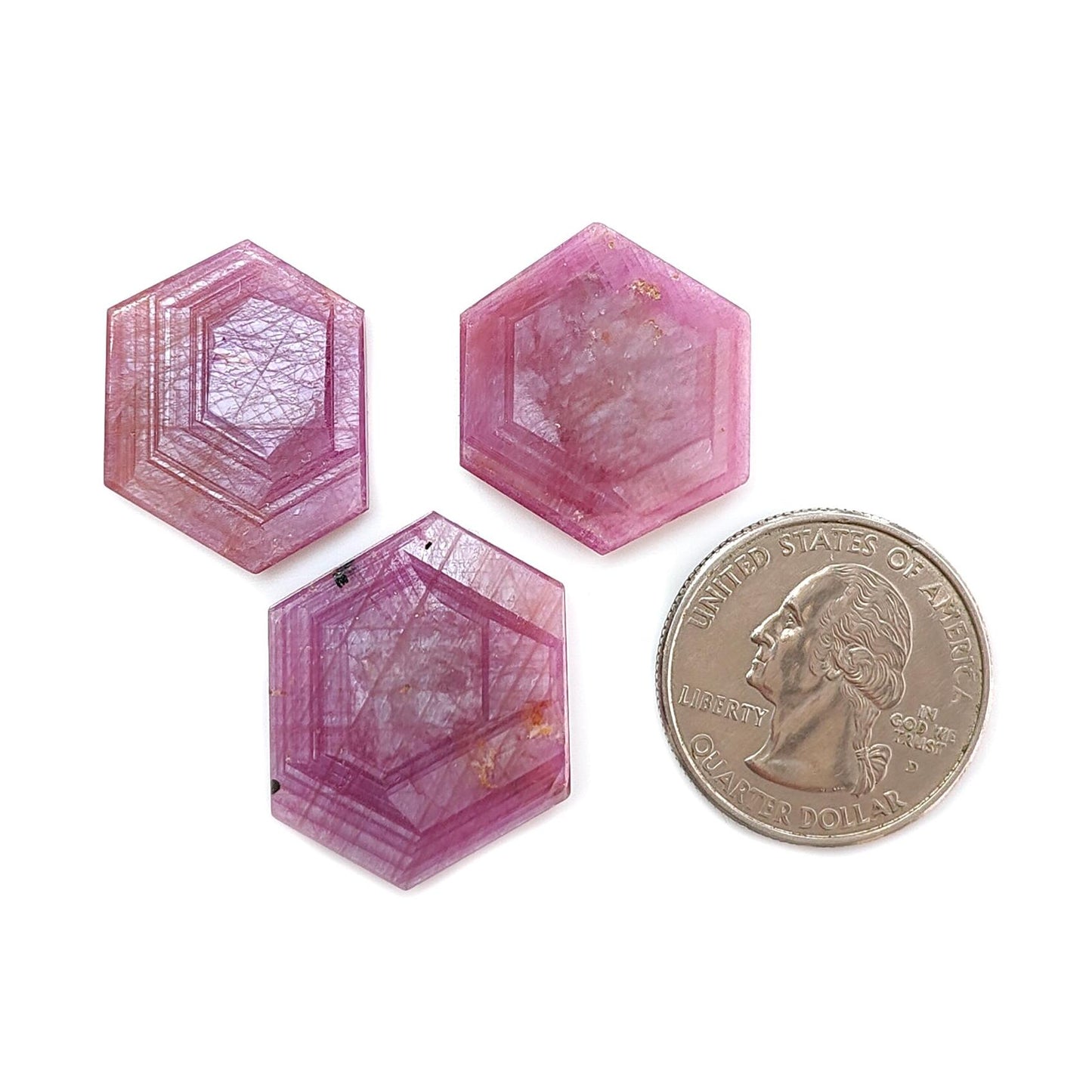 Rosemary Pink Sapphire Gemstone Flat Slices: 71.50cts Natural Untreated Sheen Sapphire Hexagon Shape 23*20mm - 26*21mm 3pcs Set for Jewelry