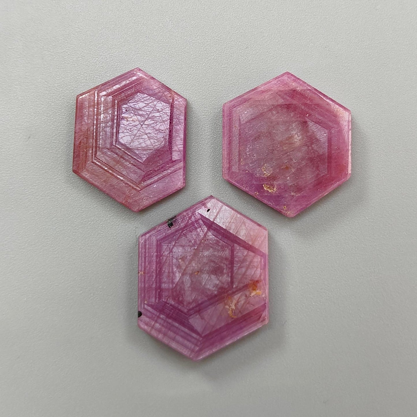 Rosemary Pink Sapphire Gemstone Flat Slices: 71.50cts Natural Untreated Sheen Sapphire Hexagon Shape 23*20mm - 26*21mm 3pcs Set for Jewelry