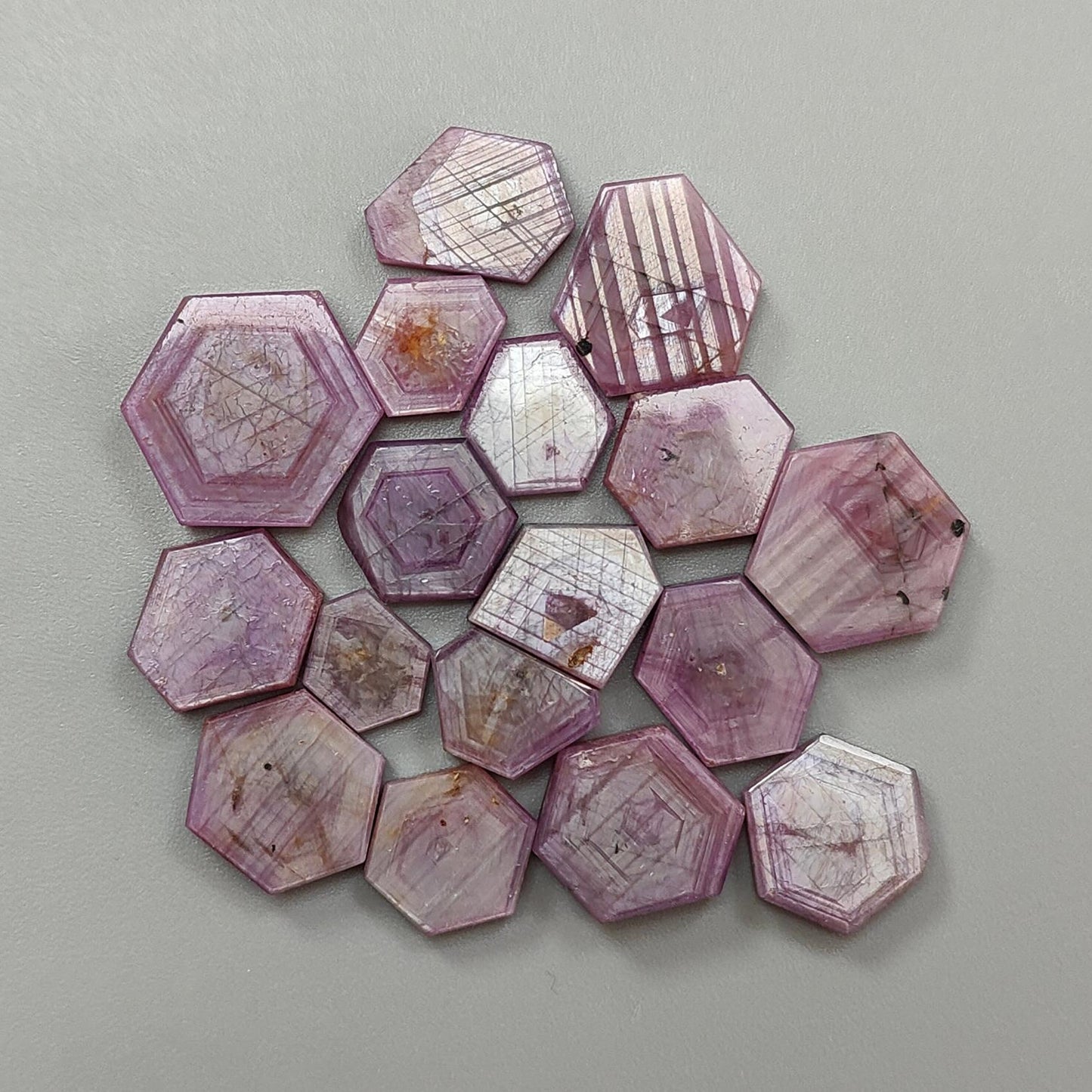 Rosemary Pink Sapphire Gemstone Flat Slices: 115.50cts Natural Untreated Sheen Sapphire Hexagon Shape 10*8mm - 19*16mm 17pcs Lot for Jewelry