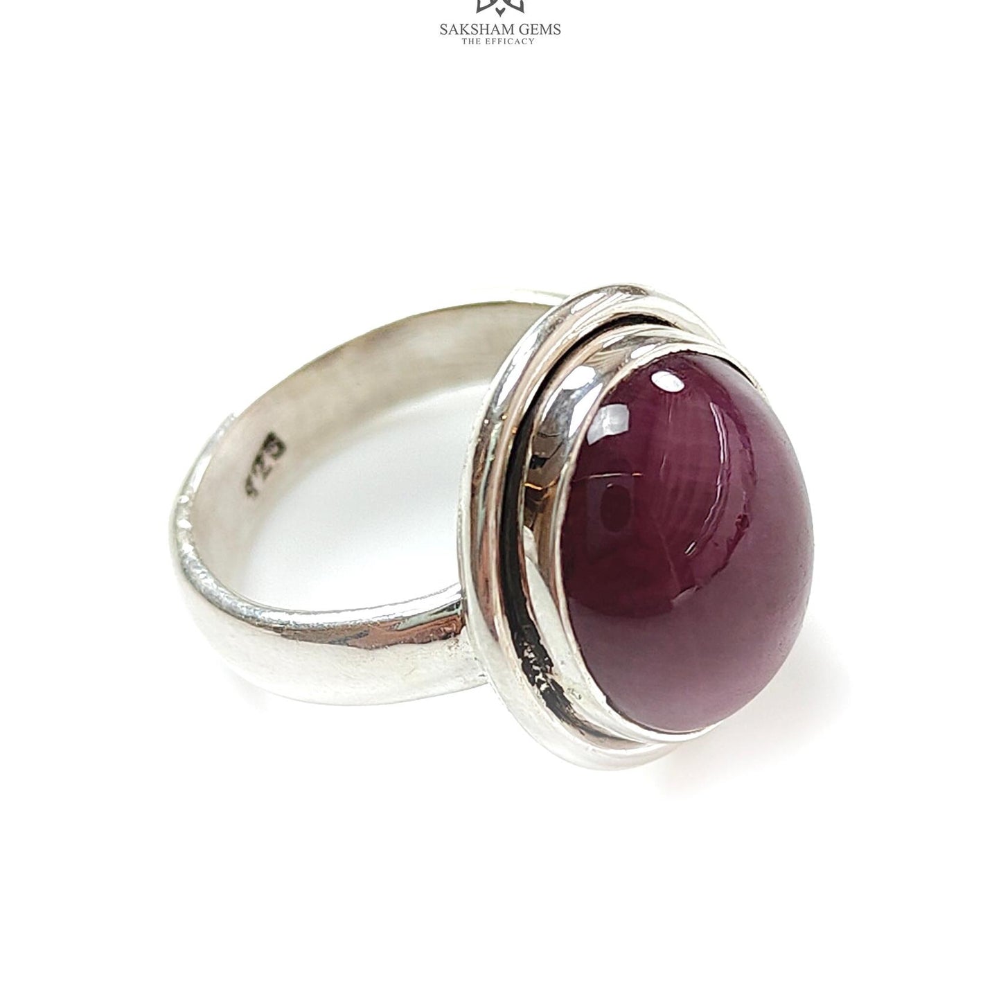 Red Ruby Silver Ring: 6.72gms. Natural Ruby Untreated Cabochon Oval Shape 925 Sterling Silver Bezel Set Ring 6 US