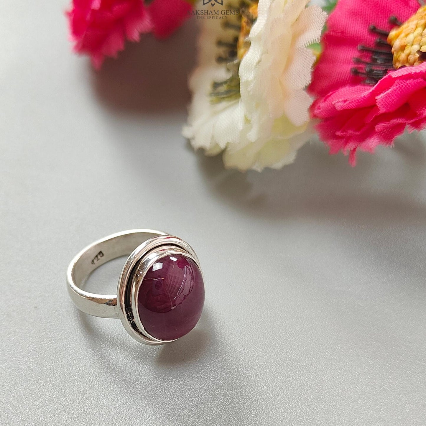 Red Ruby Silver Ring: 6.72gms. Natural Ruby Untreated Cabochon Oval Shape 925 Sterling Silver Bezel Set Ring 6 US