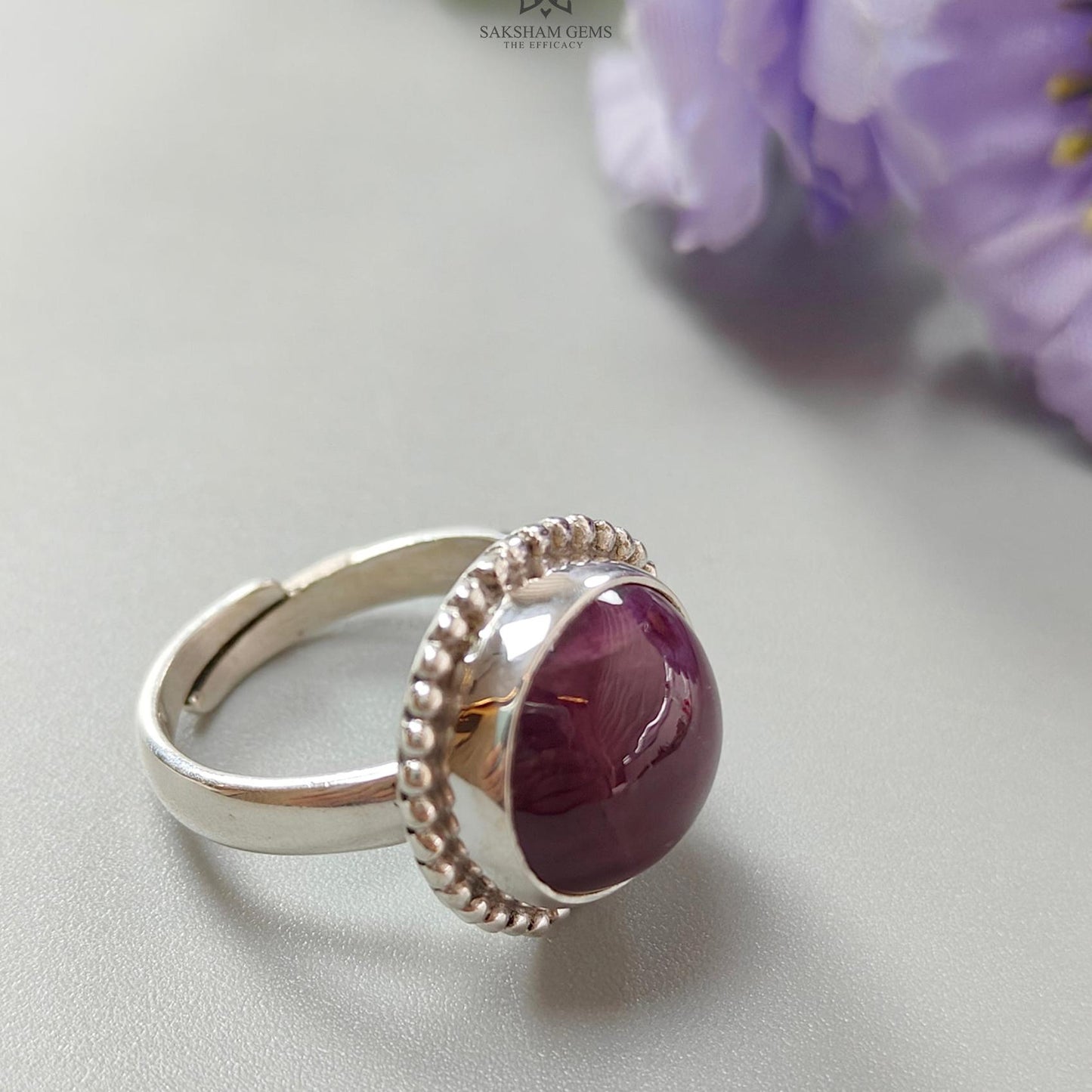 Red Ruby Silver Ring: 8.15gms. Natural Ruby Untreated Cabochon Round Shape 925 Sterling Silver Bezel Set Ring Adjustable