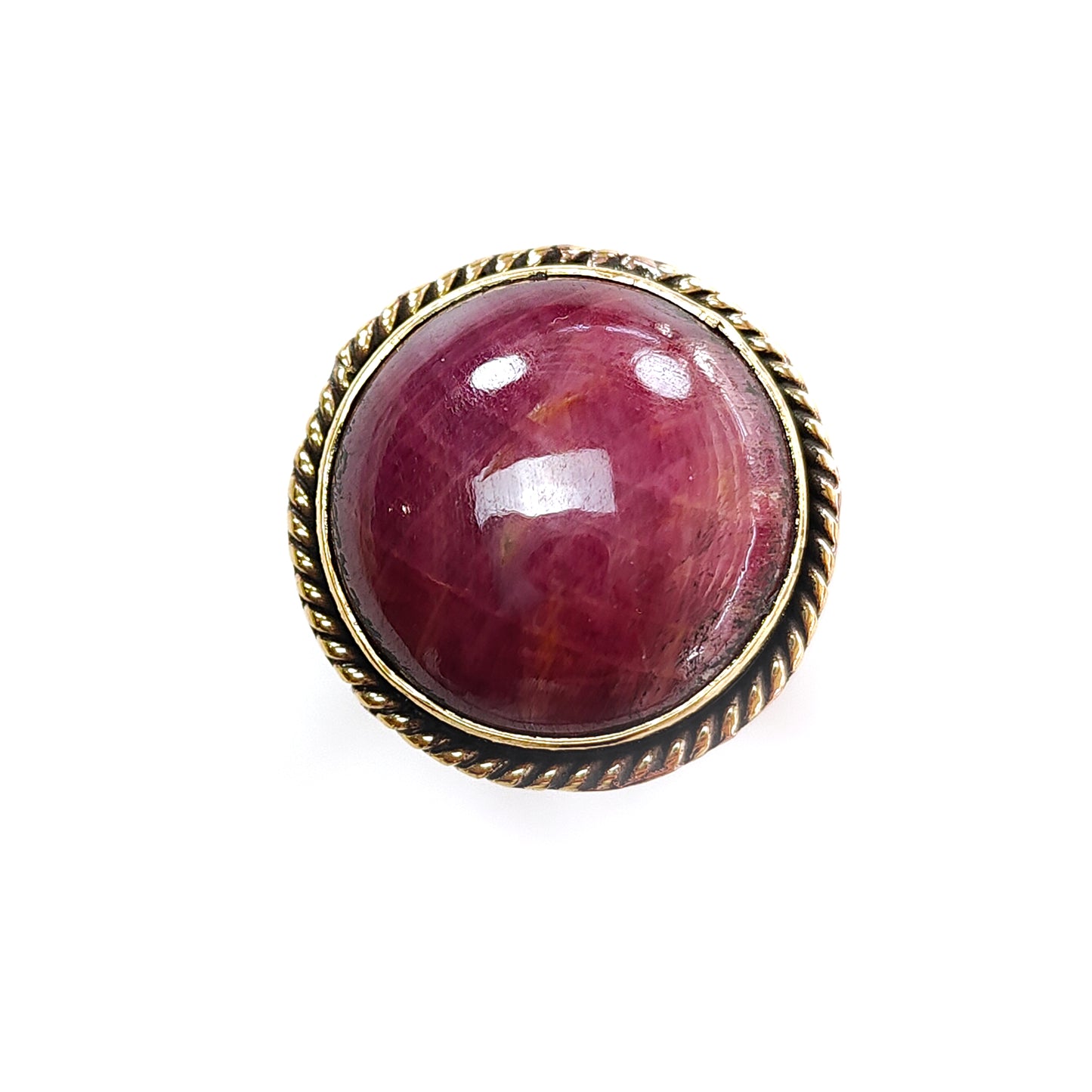 Red Ruby Cabochon Ring: 11.18gms Natural Untreated Ruby Round Shape Plain Brass Bezel Set Adjustable Ring