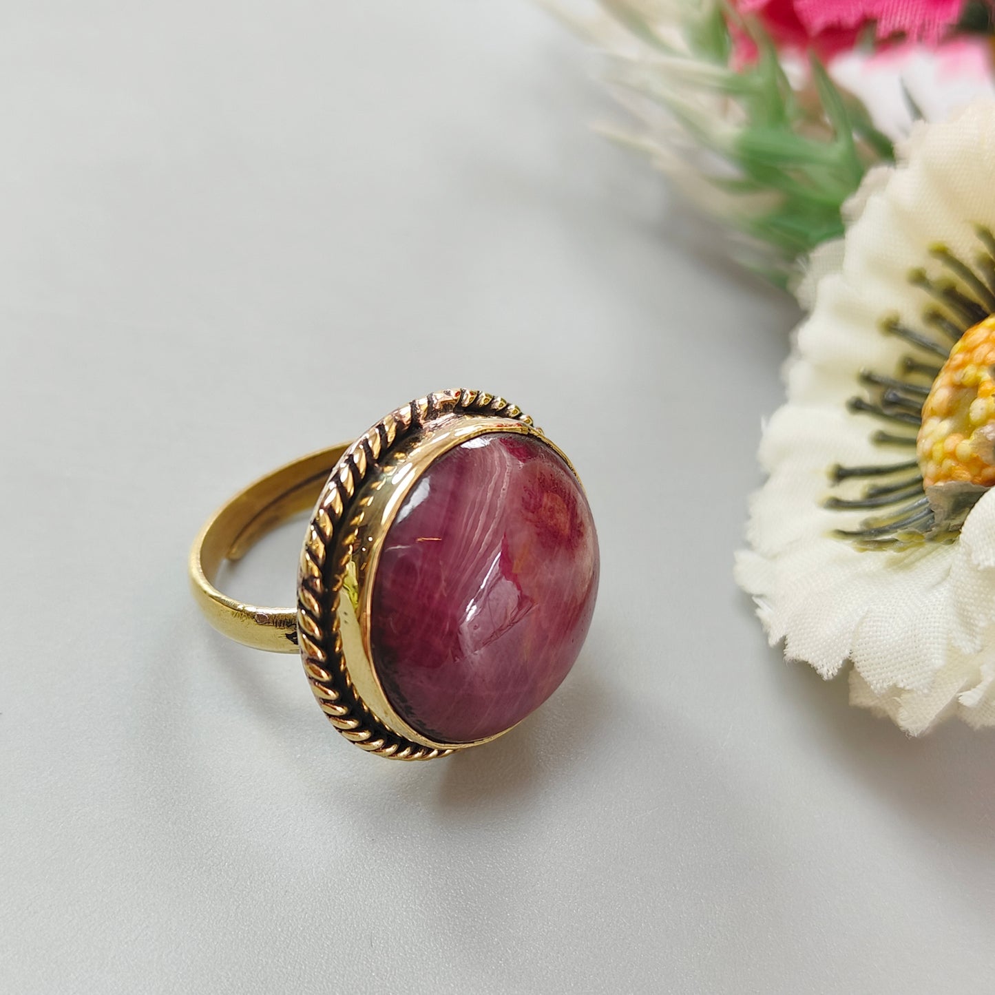 Red Ruby Cabochon Ring: 11.18gms Natural Untreated Ruby Round Shape Plain Brass Bezel Set Adjustable Ring