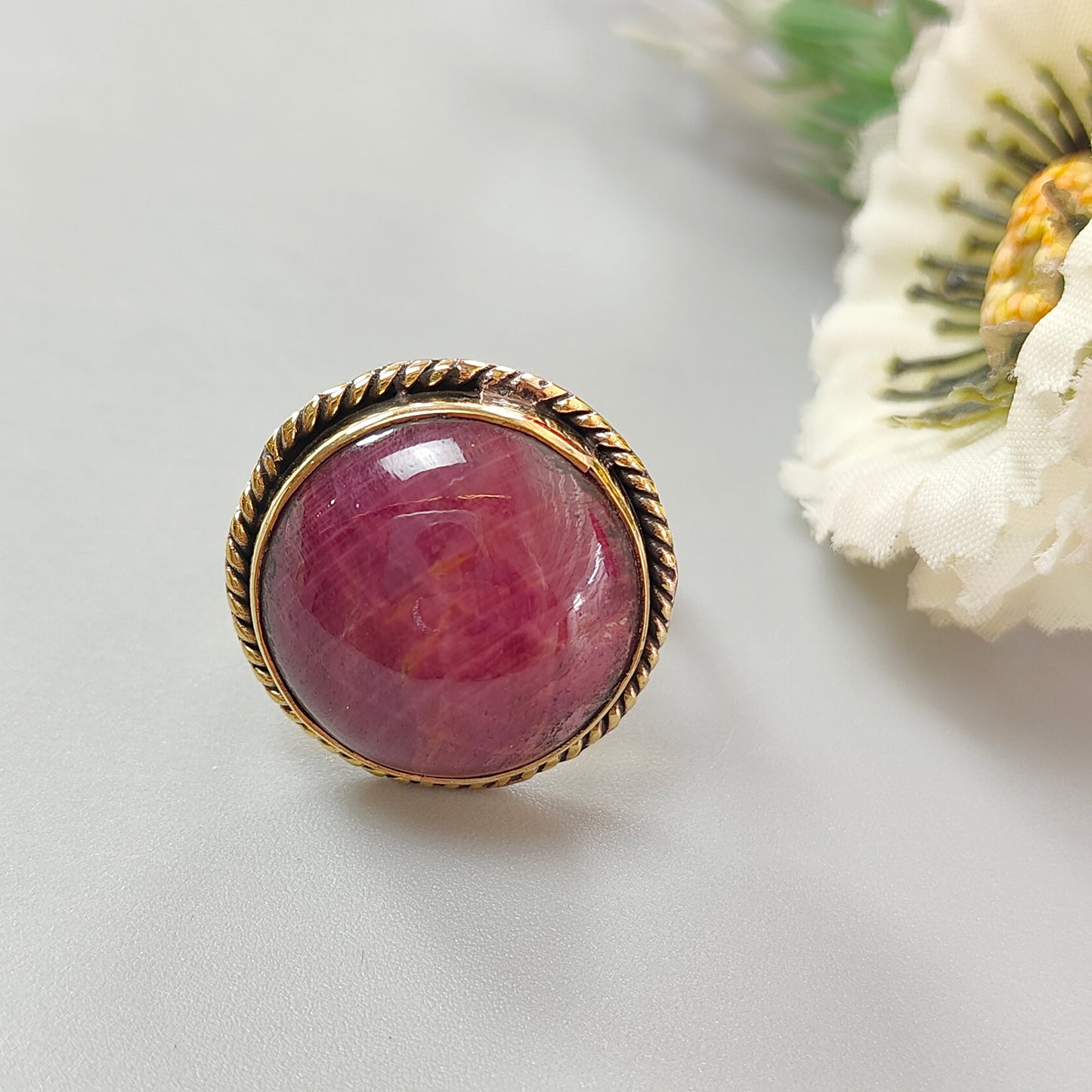 Red Ruby Cabochon Ring: 11.18gms Natural Untreated Ruby Round Shape Plain Brass Bezel Set Adjustable Ring