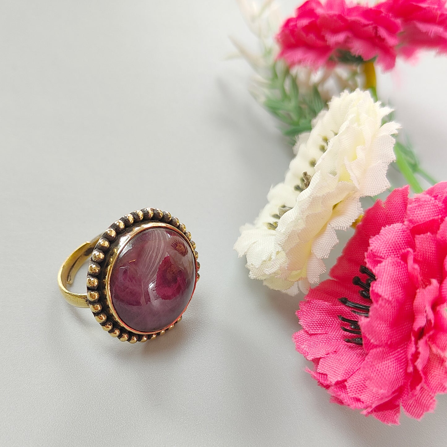 Red Ruby Cabochon Ring: 12.17gms Natural Untreated Ruby Round Shape Plain Brass Bezel Set Adjustable Ring