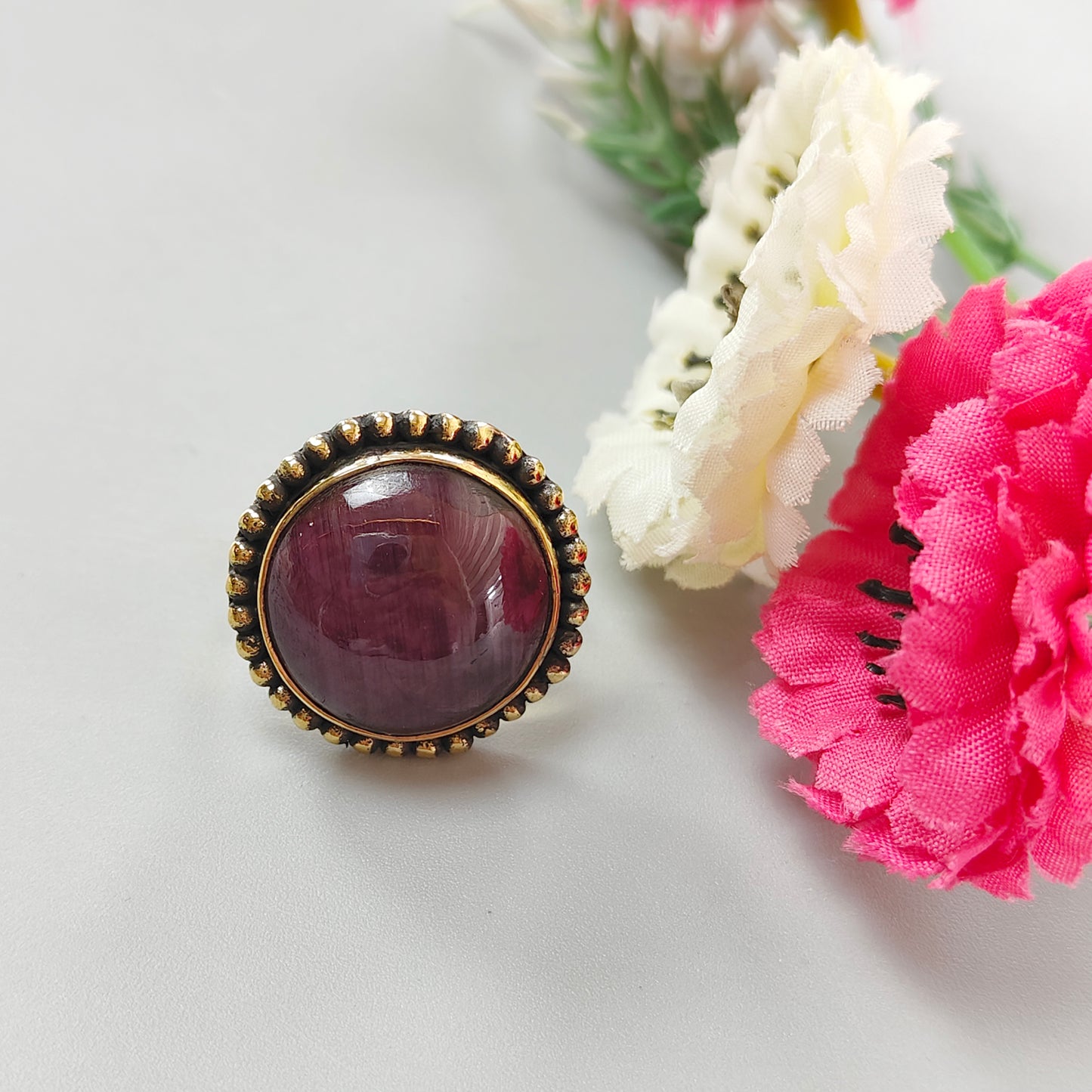 Red Ruby Cabochon Ring: 12.17gms Natural Untreated Ruby Round Shape Plain Brass Bezel Set Adjustable Ring