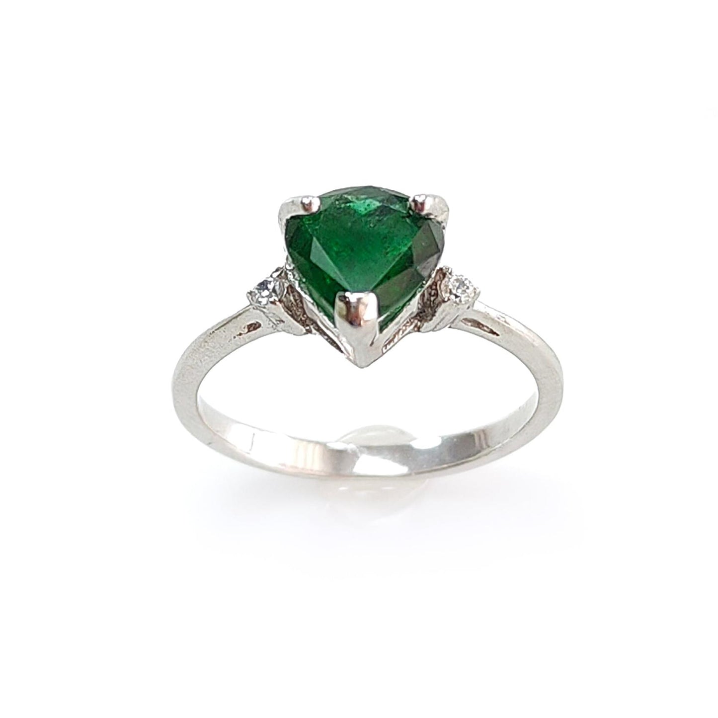 Emerald Faceted Silver Ring: 1.67gms Natural Untreated Emerald Heart Faceted Cut 925 Sterling Silver Prong Set Ring 5.5 US