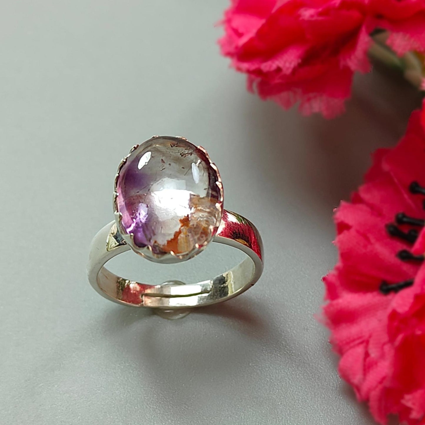 Amethyst Plain Silver Ring: 4.73gms Natural Untreated Super Seven Amethyst Oval Shape Plain 925 Sterling Silver Bezel Set Adjustable Ring