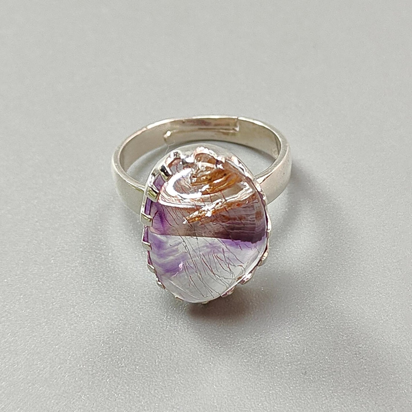 Amethyst Plain Silver Ring: 5.41gms Natural Untreated Super Seven Amethyst Fancy Shape Plain 925 Sterling Silver Bezel Set Adjustable Ring