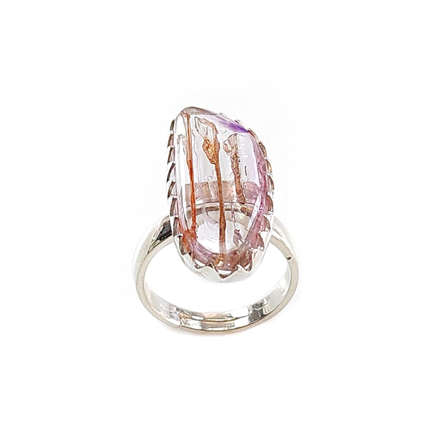 Amethyst Plain Silver Ring: 5.83gms Natural Untreated Super Seven Amethyst Fancy Shape Plain 925 Sterling Silver Bezel Set Adjustable Ring