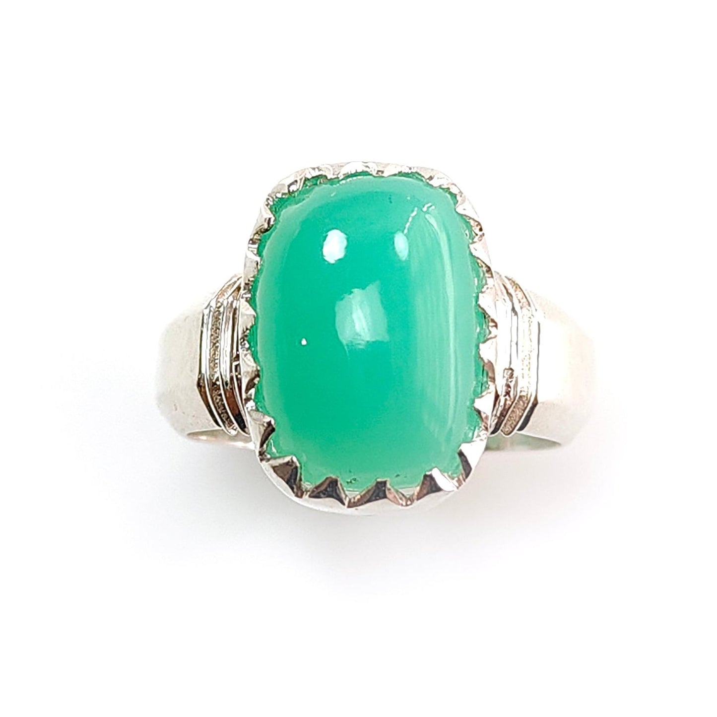 Green Chrysoprase Cabochon Silver Ring: 6.37gms Natural Untreated Chrysoprase Cushion Shape Plain 925 Sterling Silver Bezel Set Ring 7.5 US