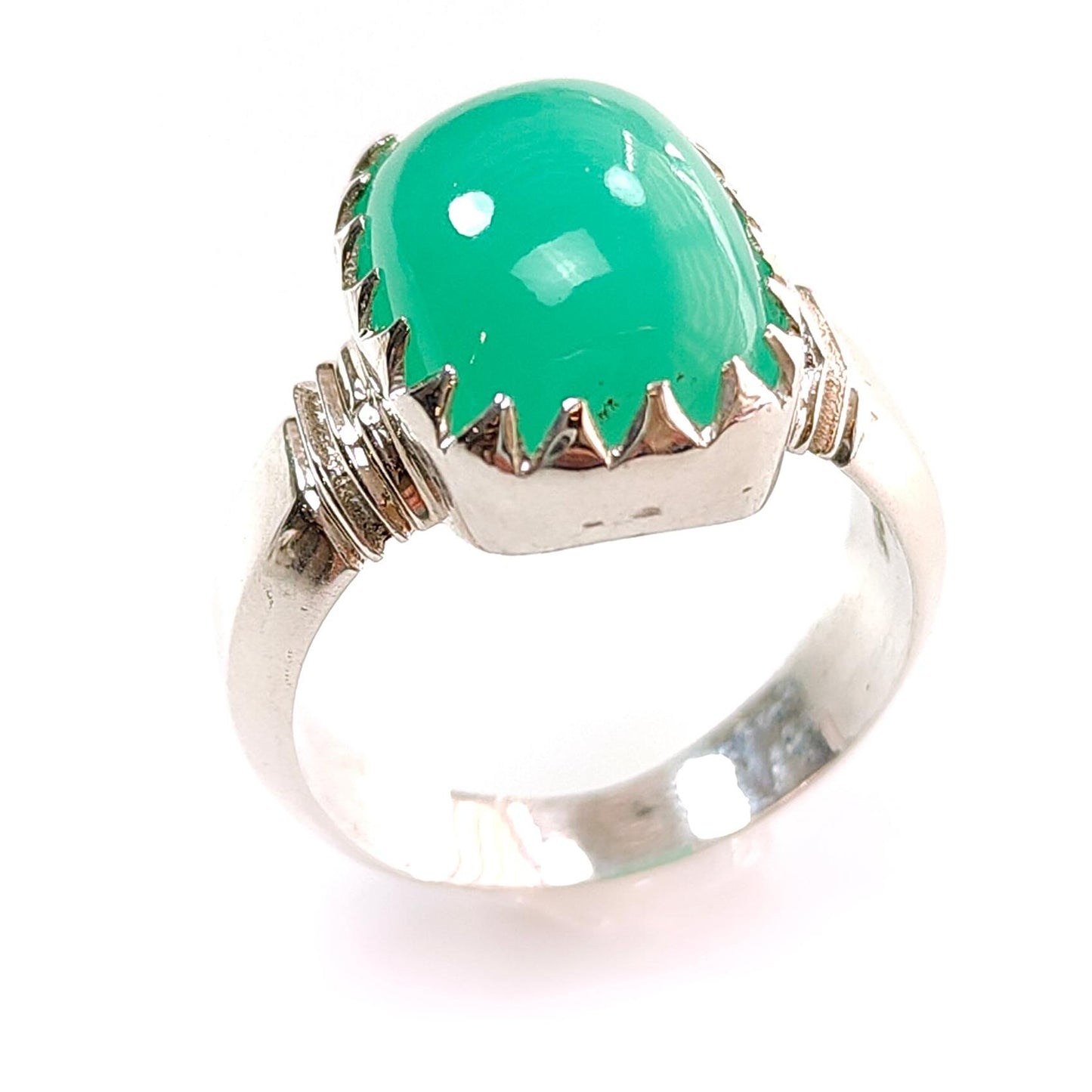 Green Chrysoprase Cabochon Silver Ring: 6.37gms Natural Untreated Chrysoprase Cushion Shape Plain 925 Sterling Silver Bezel Set Ring 7.5 US