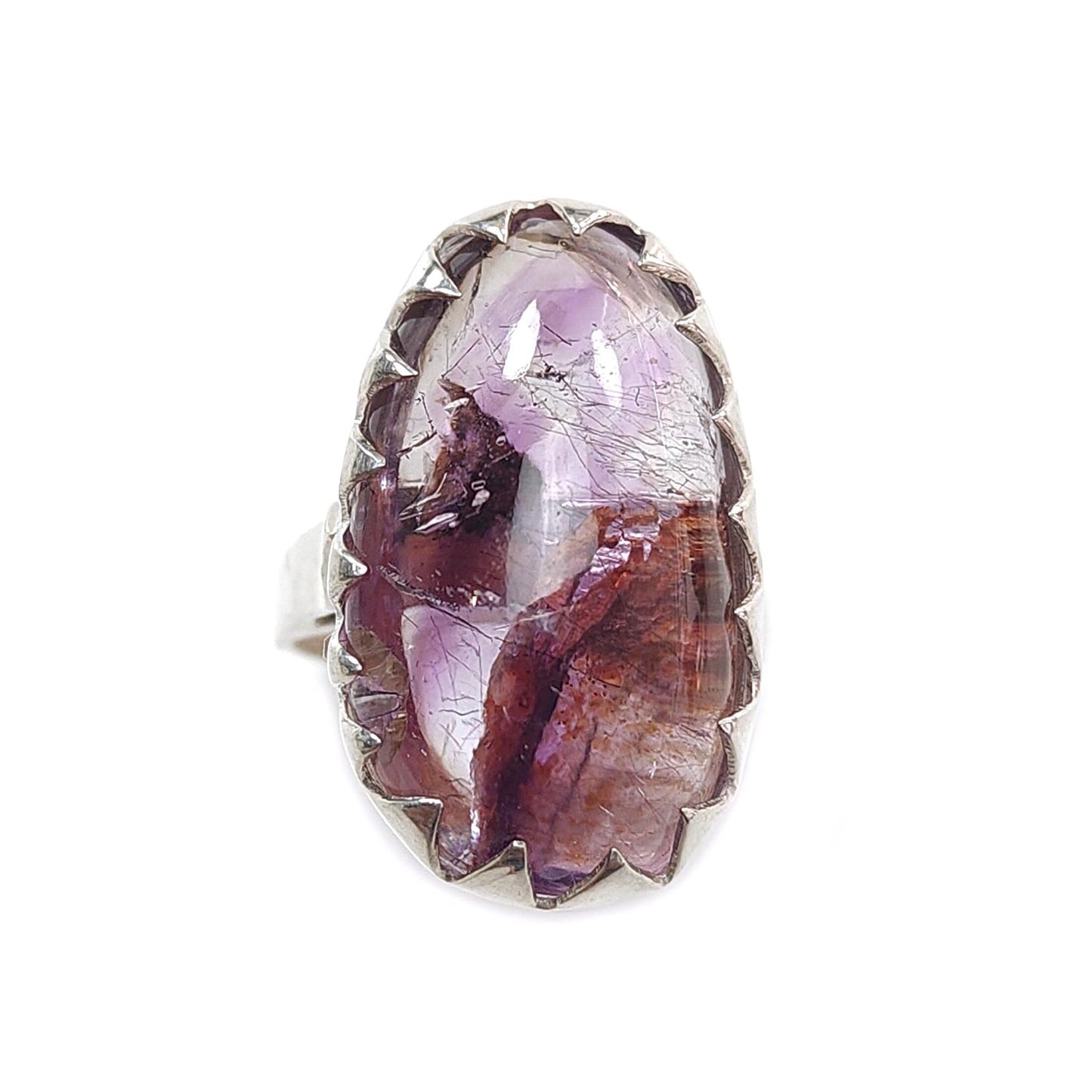Amethyst Plain Silver Ring: 10.32gms Natural Untreated Super Seven Amethyst Oval Shape Plain 925 Sterling Silver Bezel Set Adjustable Ring