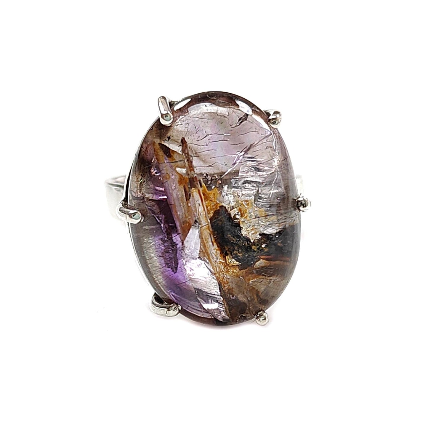 Super Seven Plain Silver Ring: 8.48gms Natural Untreated Amethyst Oval Shape Plain 925 Sterling Silver Prong Set Adjustable Ring