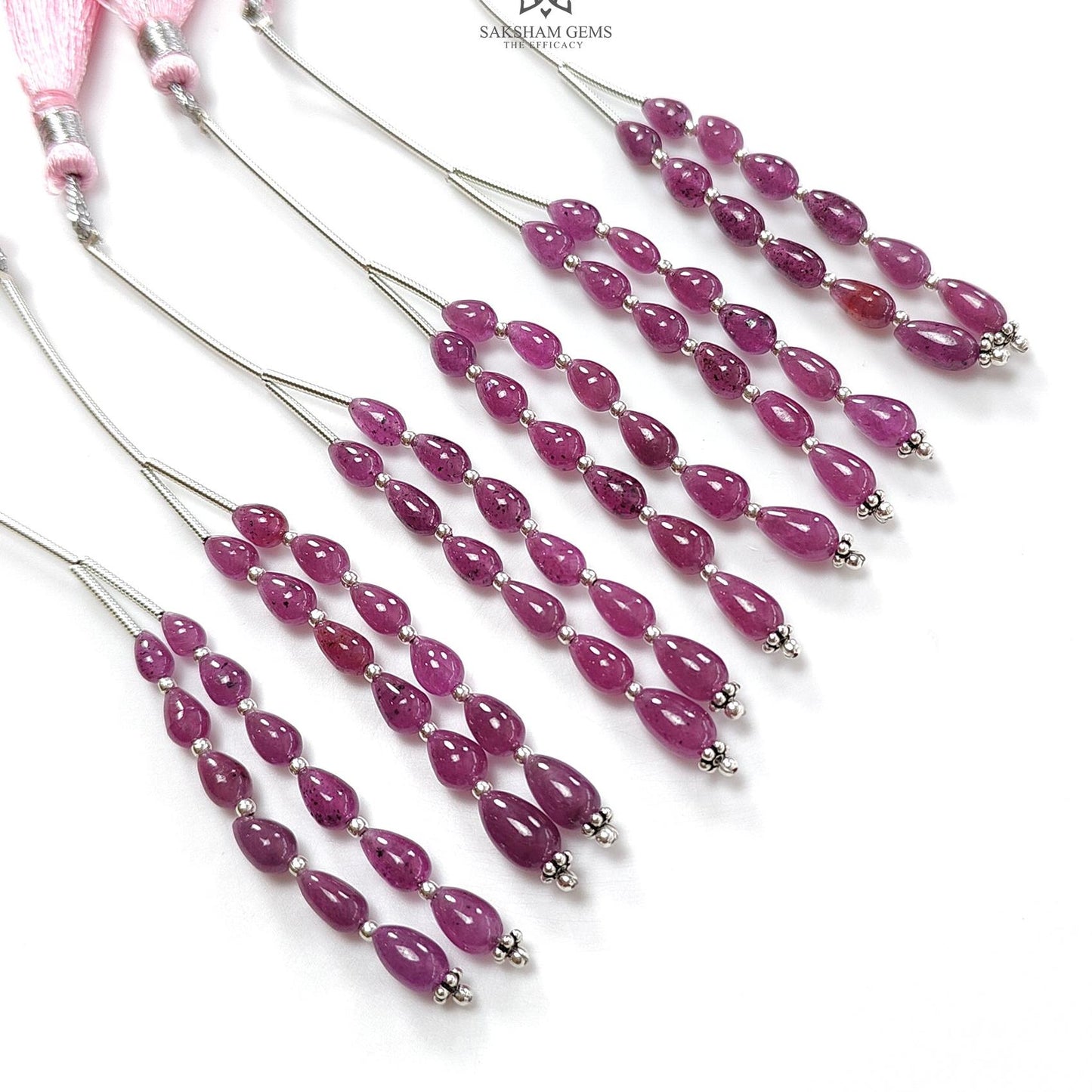 Purple Ruby Plain Loose Beads: 14.20cts Natural Untreated Ruby Cabochon Teardrops Plain Beads For Jewelry 5mm - 7mm 1.70" 1 Strand