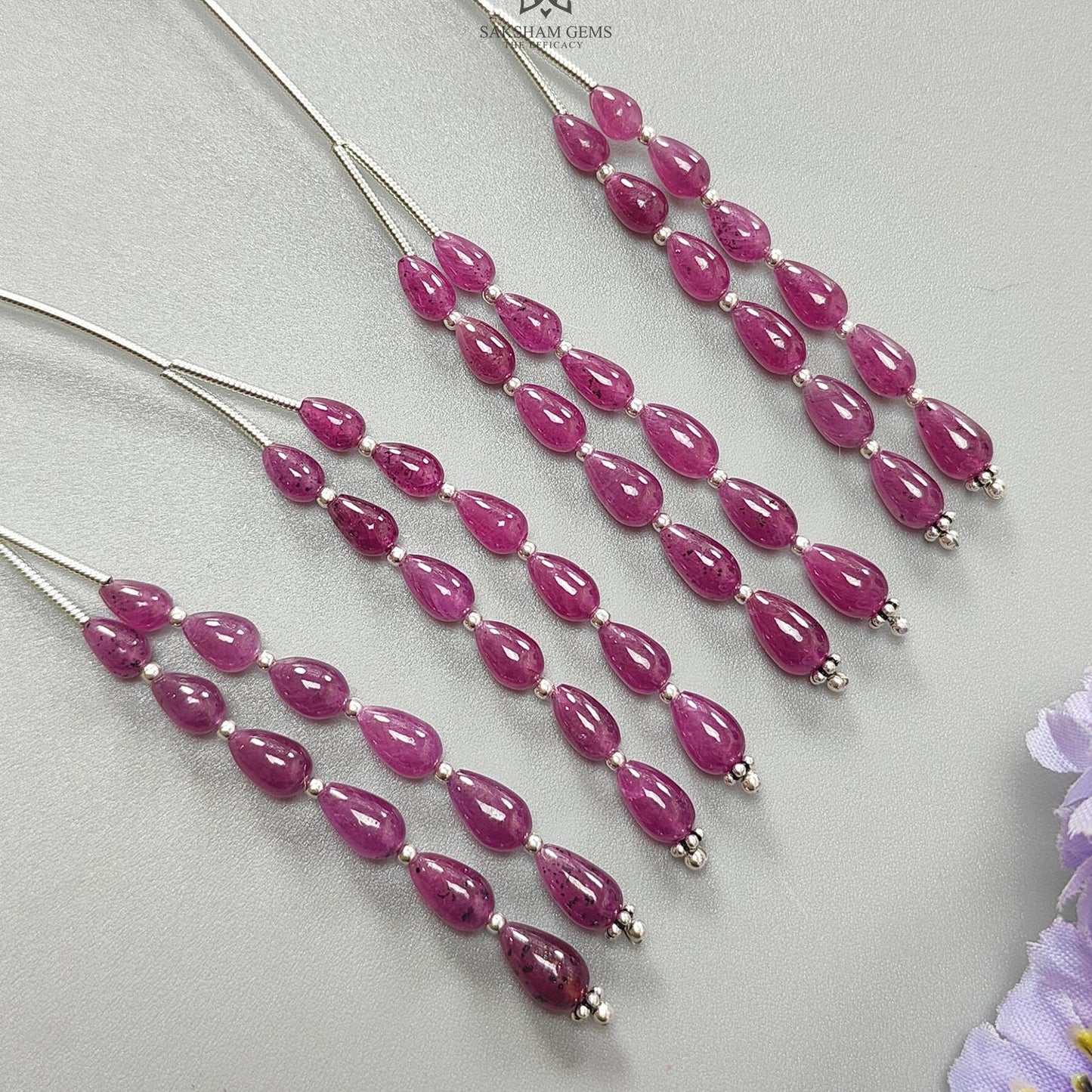 Purple Ruby Teardrop Loose Beads: 19.90Cts Natural Untreated Ruby Gemstone 925 Sterling Silver 2" - 5.5mm - 7.5mm Plain Beads