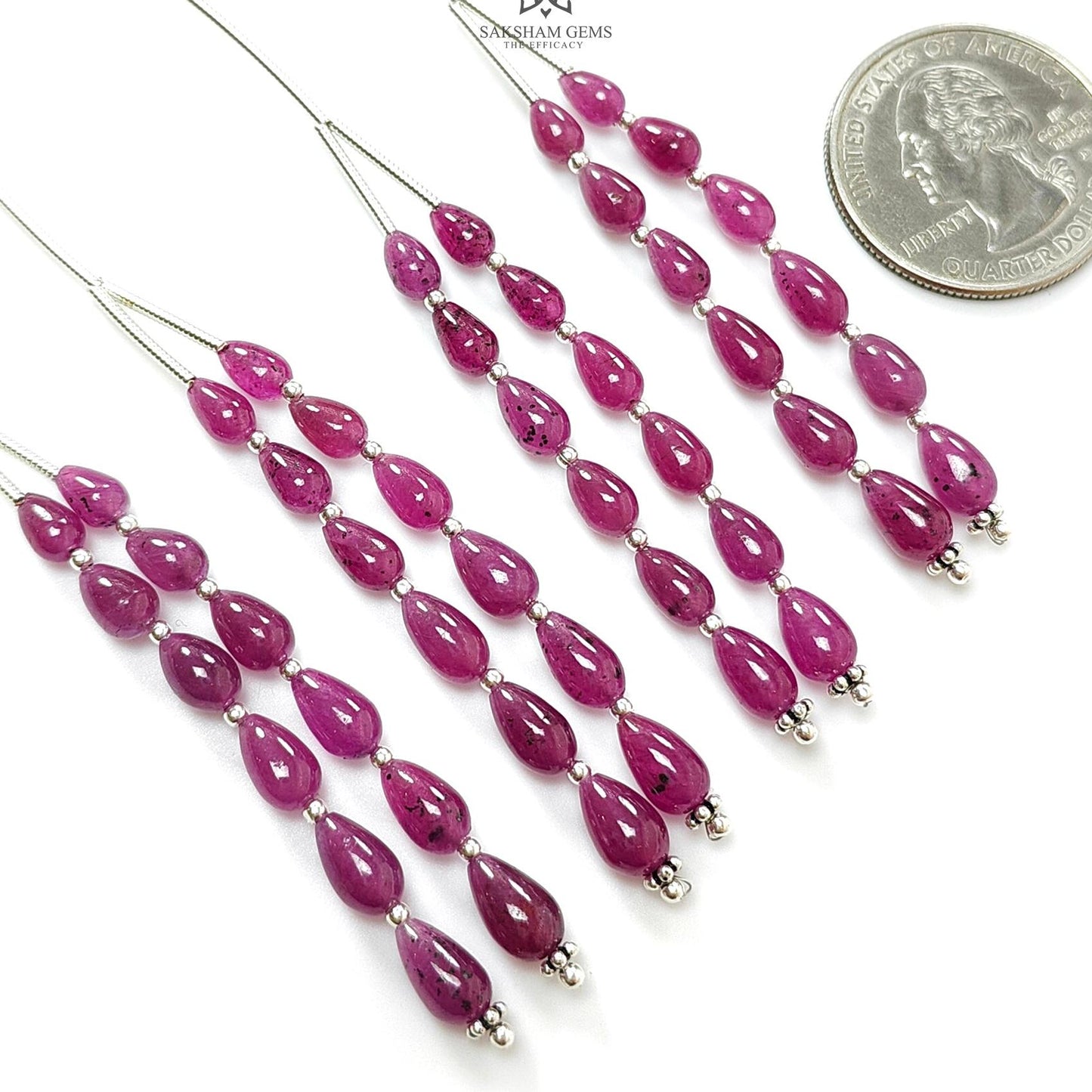 Purple Ruby Teardrop Loose Beads: 19.90Cts Natural Untreated Ruby Gemstone 925 Sterling Silver 2" - 5.5mm - 7.5mm Plain Beads