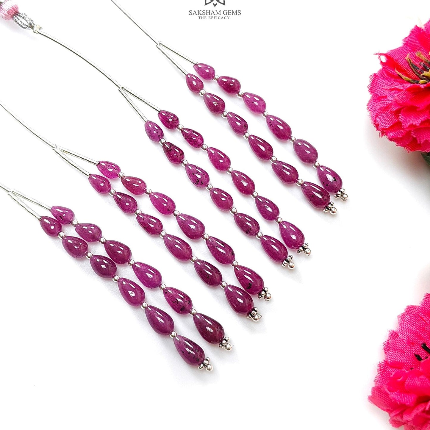 Purple Ruby Teardrop Loose Beads: 19.90Cts Natural Untreated Ruby Gemstone 925 Sterling Silver 2" - 5.5mm - 7.5mm Plain Beads