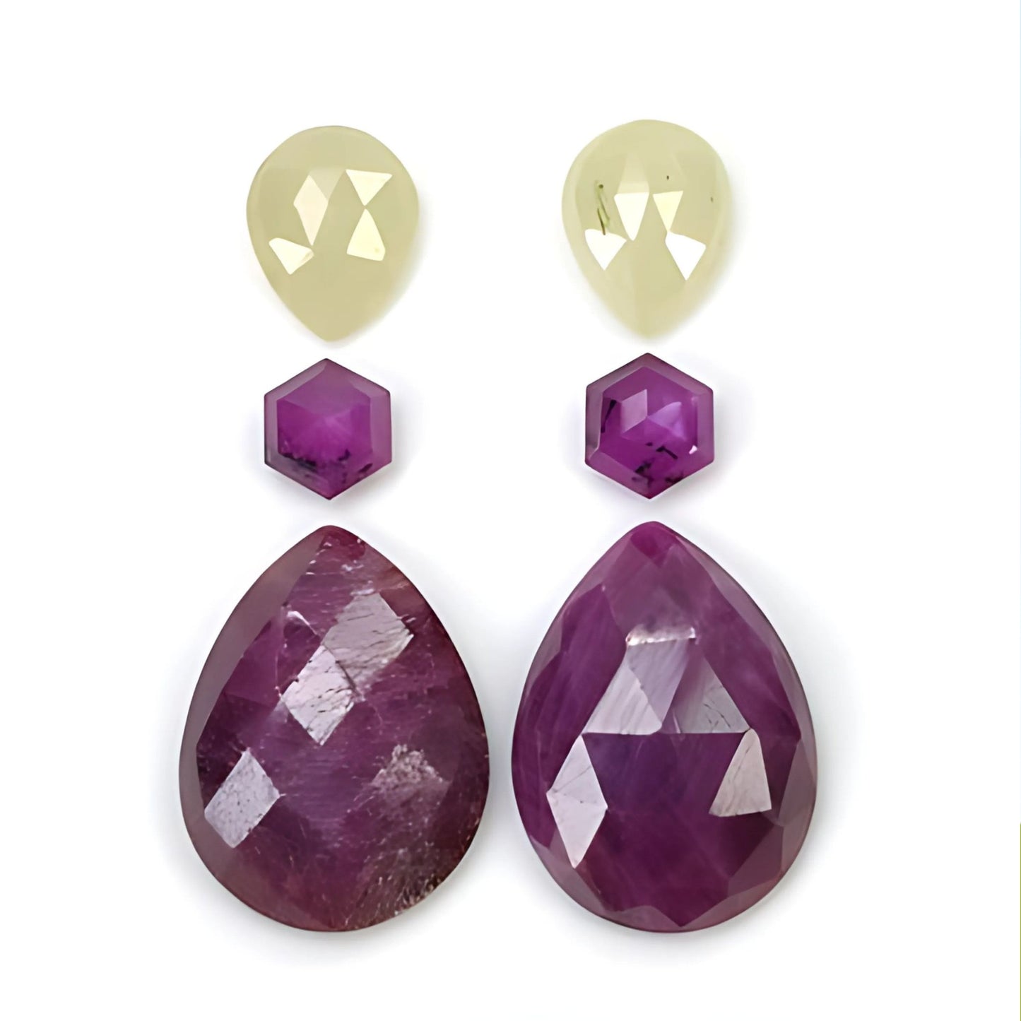 ruby & sapphire pear, hexagon rose cut