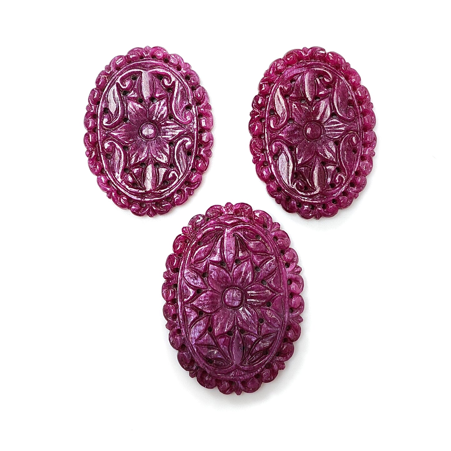 Ruby Gemstone Carving : 176.70cts Natural Untreated Unheated Red Ruby Hand Carved Oval Shape 40*30mm - 43.5*32mm 3pc Set For Jewelry